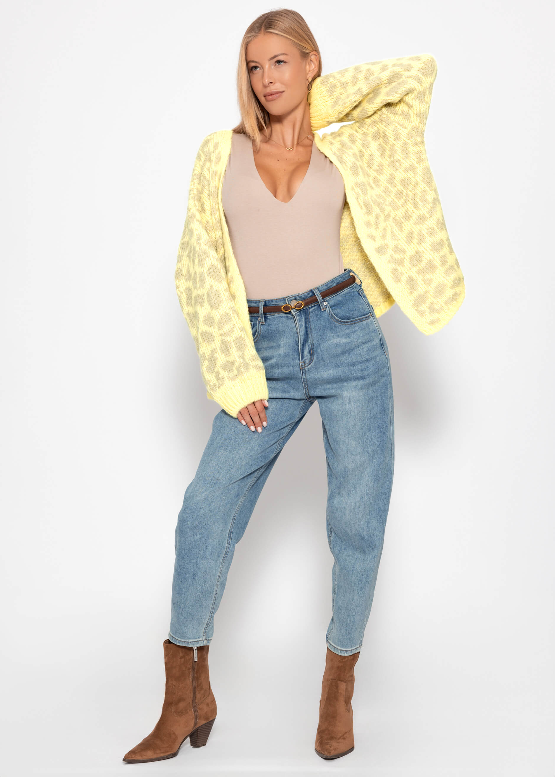 Kurzer Cardigan mit Leo-Print - gelb-beige – Bekleidung > Cardigans | FormaLuxe