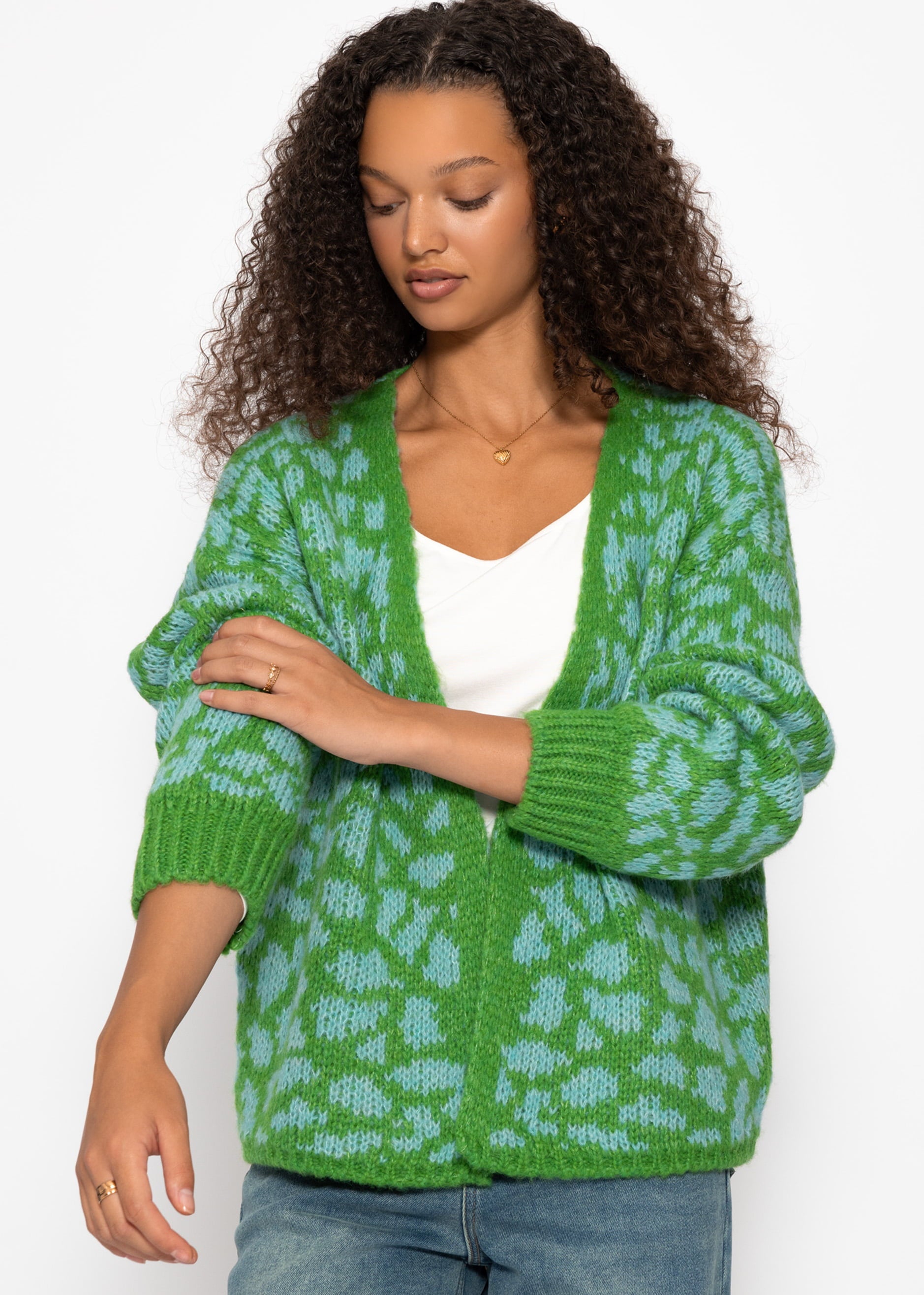 Kurzer Cardigan mit Leo-Print - grün-blau – Bekleidung > Cardigans | FormaLuxe