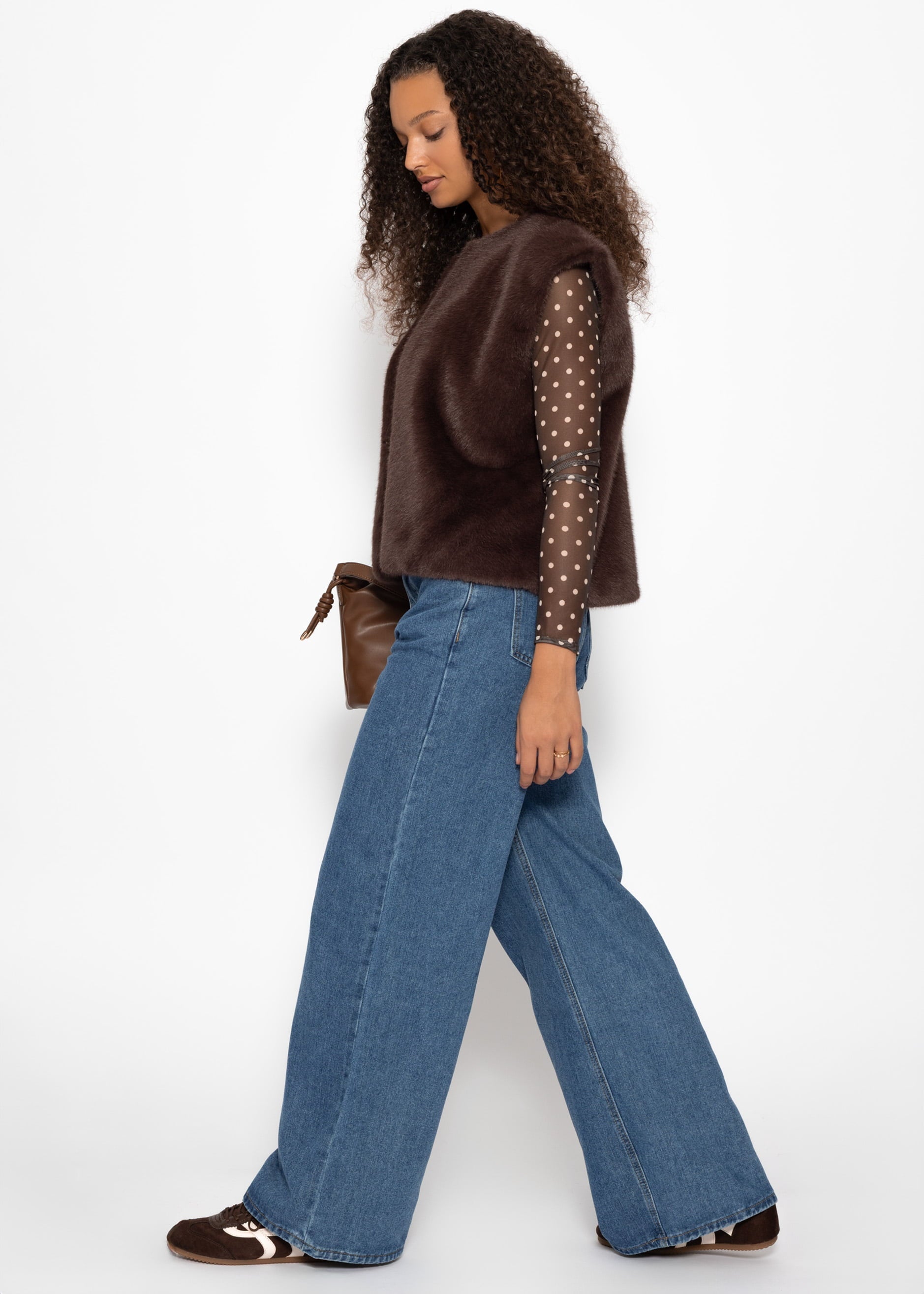 Mesh Langarmshirt mit Punkten - braun – Bekleidung > Langarmshirts | FormaLuxe