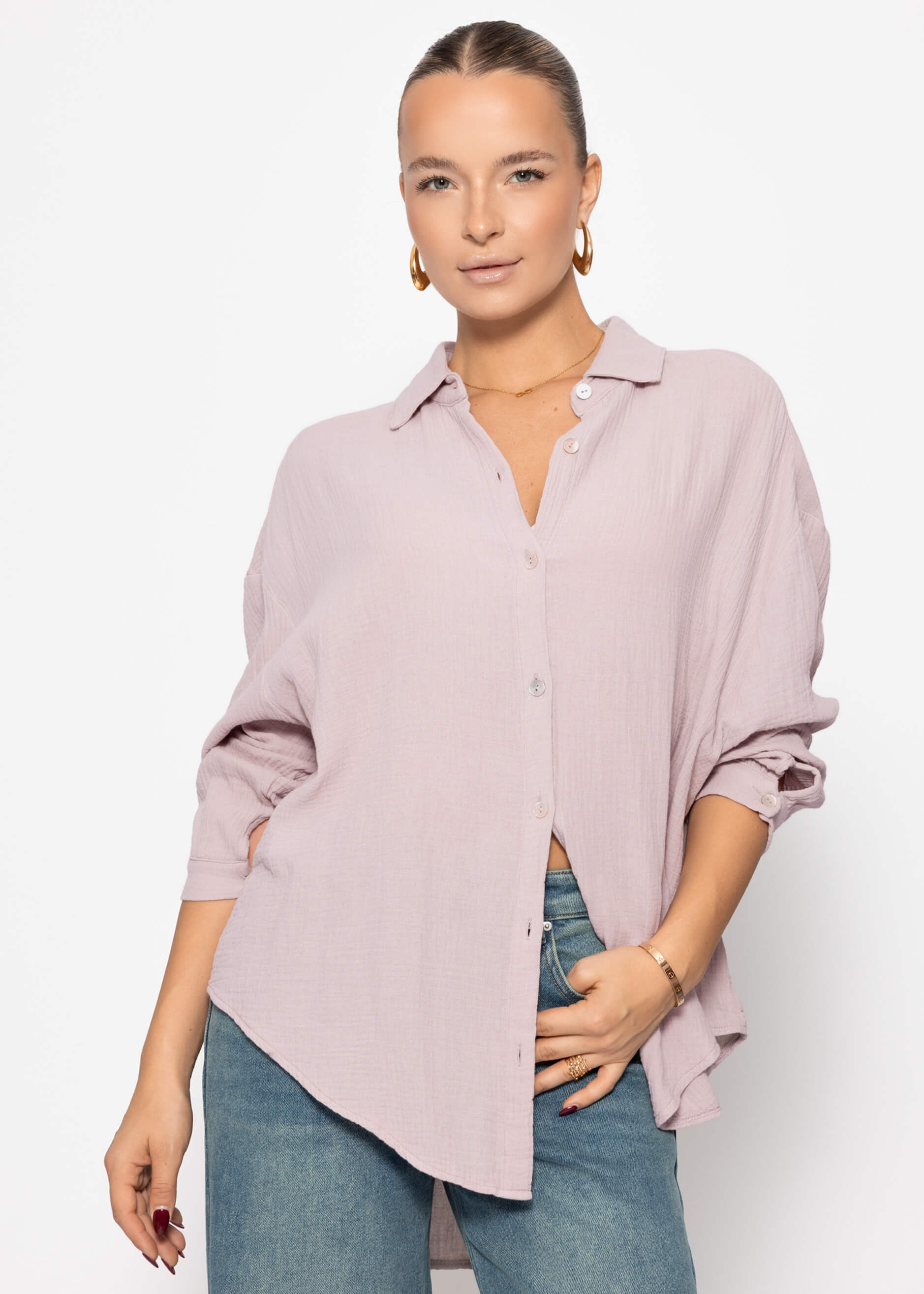 Musselin Bluse oversize, kurz, puderrosa – Bekleidung > Blusen > Musselin > Oversize | FormaLuxe