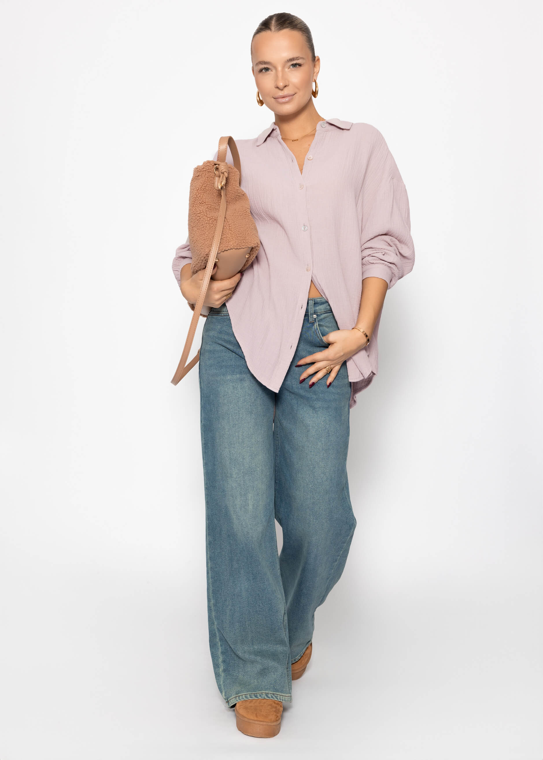 Musselin Bluse oversize, kurz, puderrosa – Bekleidung > Blusen > Musselin > Oversize | FormaLuxe