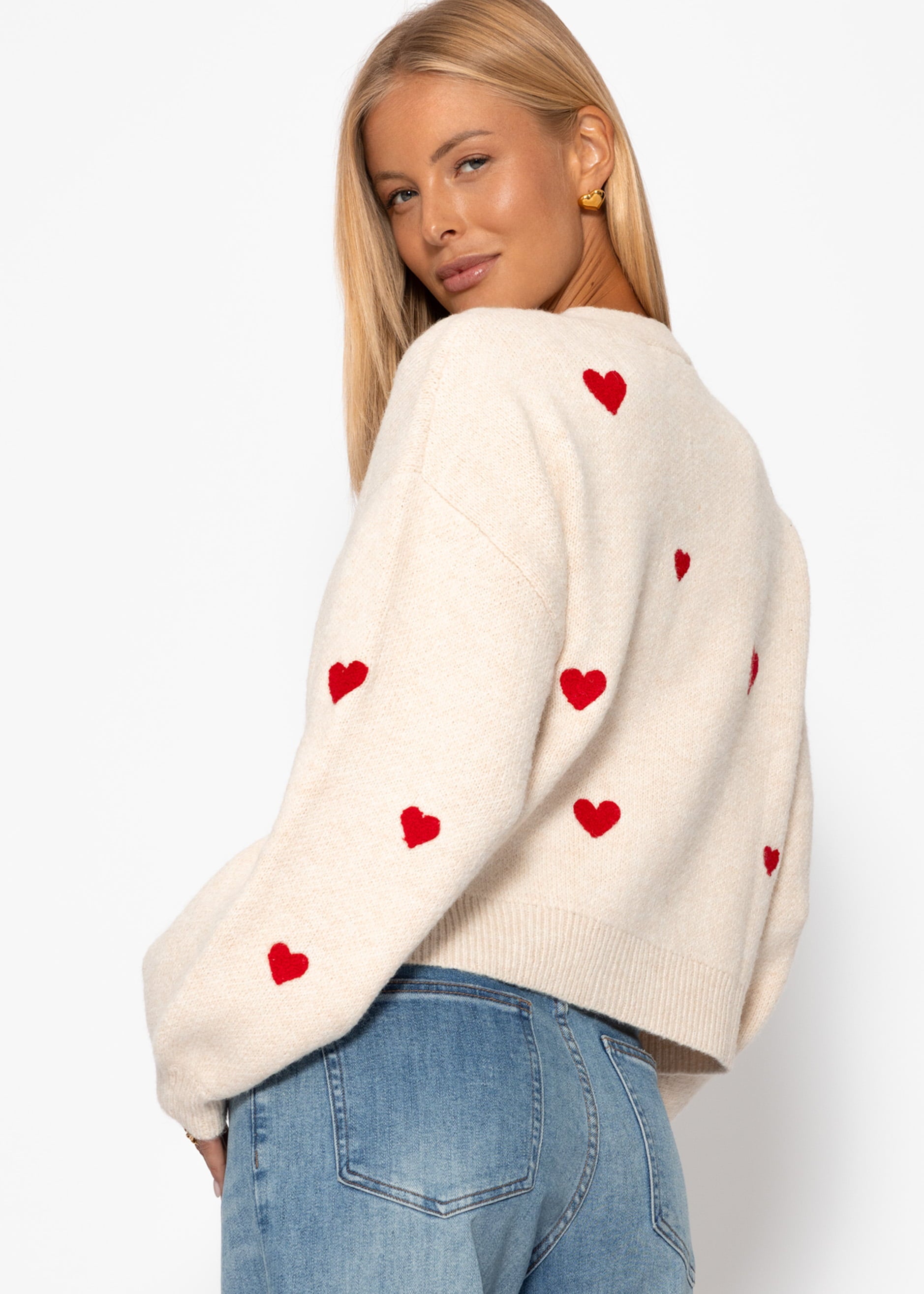 Cardigan mit roten Herzen - offwhite – Bekleidung > Cardigans | FormaLuxe