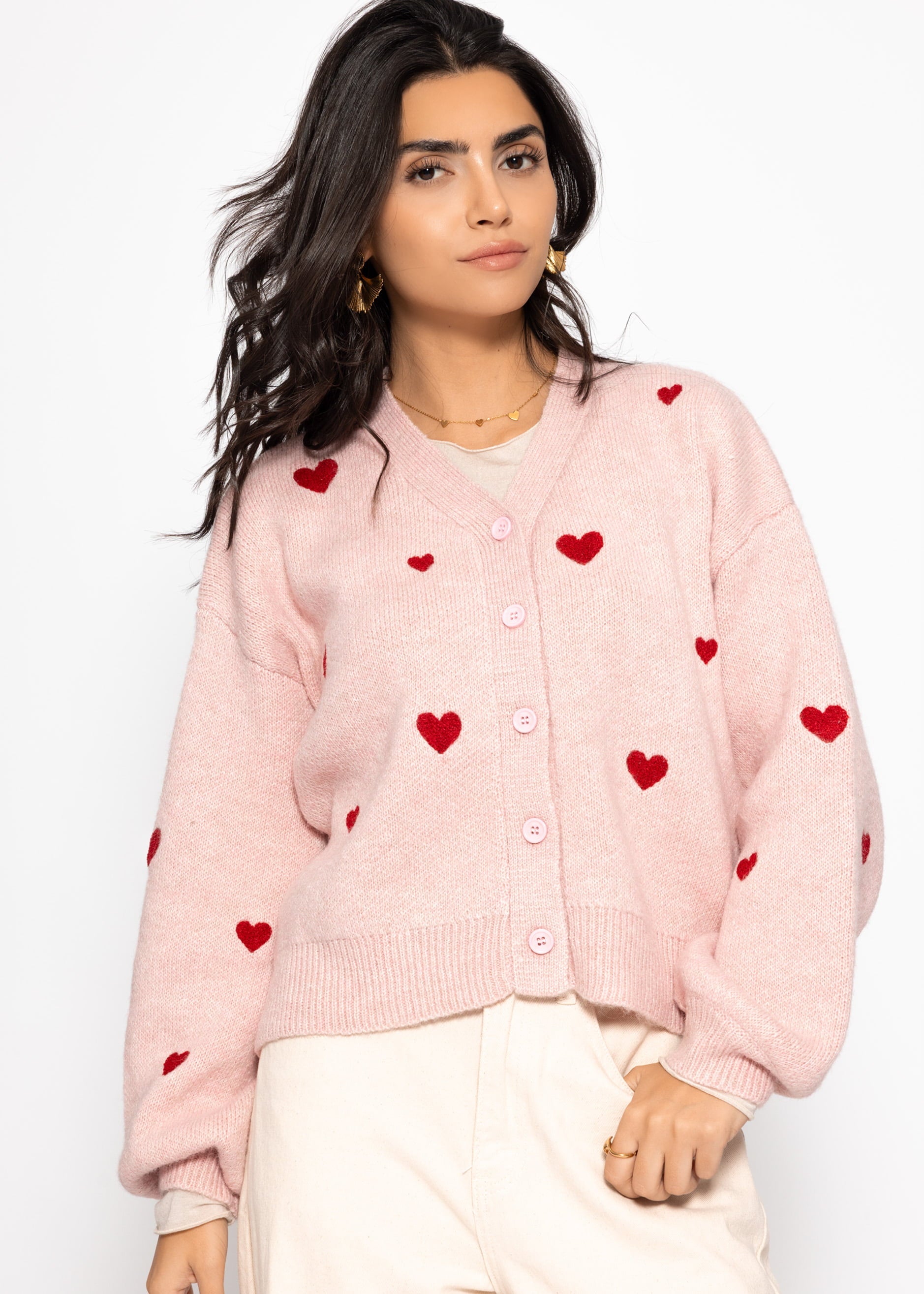Cardigan mit roten Herzen - rosa – Bekleidung > Cardigans | FormaLuxe