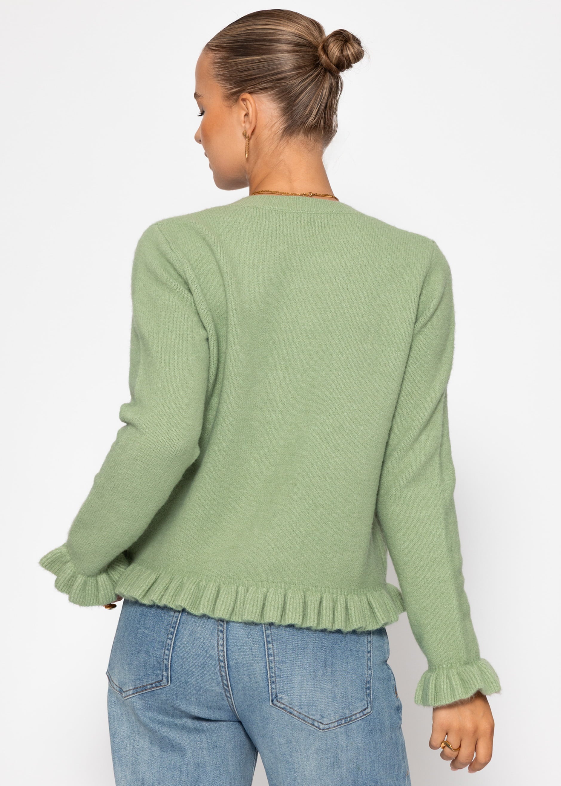 Cardigan mit Rüschen - salbeigrün – Bekleidung > Cardigans | FormaLuxe