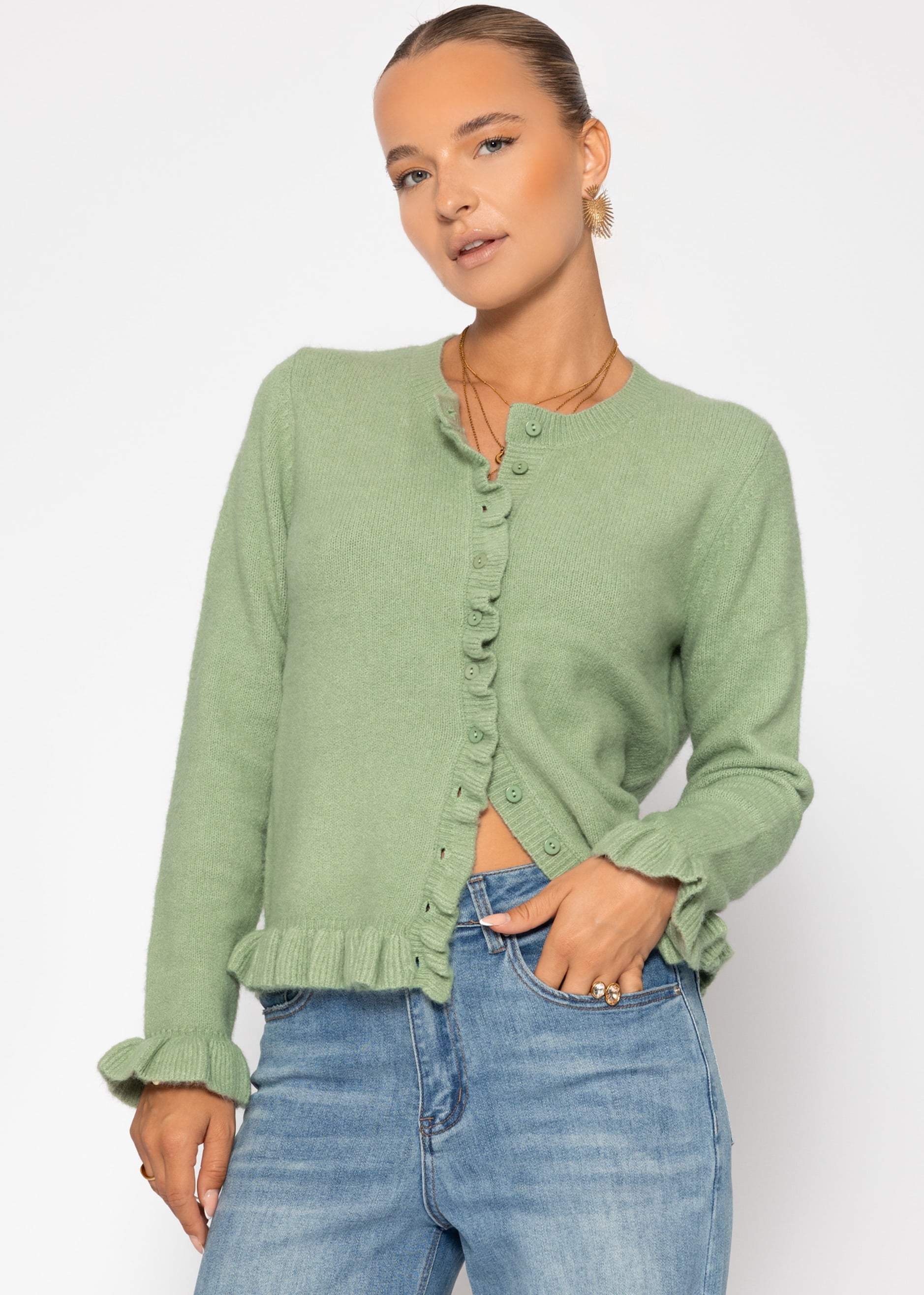 Cardigan mit Rüschen - salbeigrün – Bekleidung > Cardigans | FormaLuxe