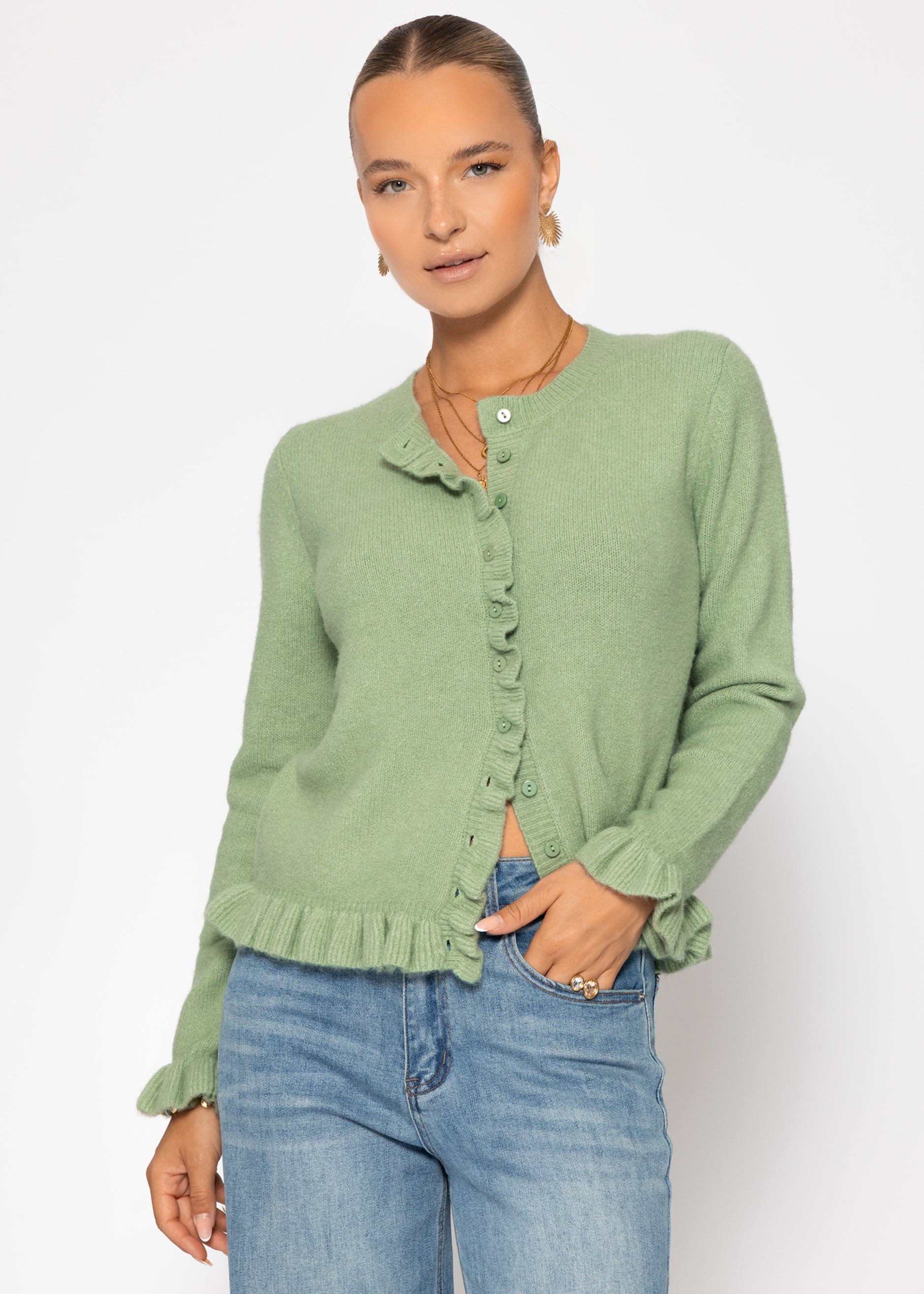 Cardigan mit Rüschen - salbeigrün – Bekleidung > Cardigans | FormaLuxe