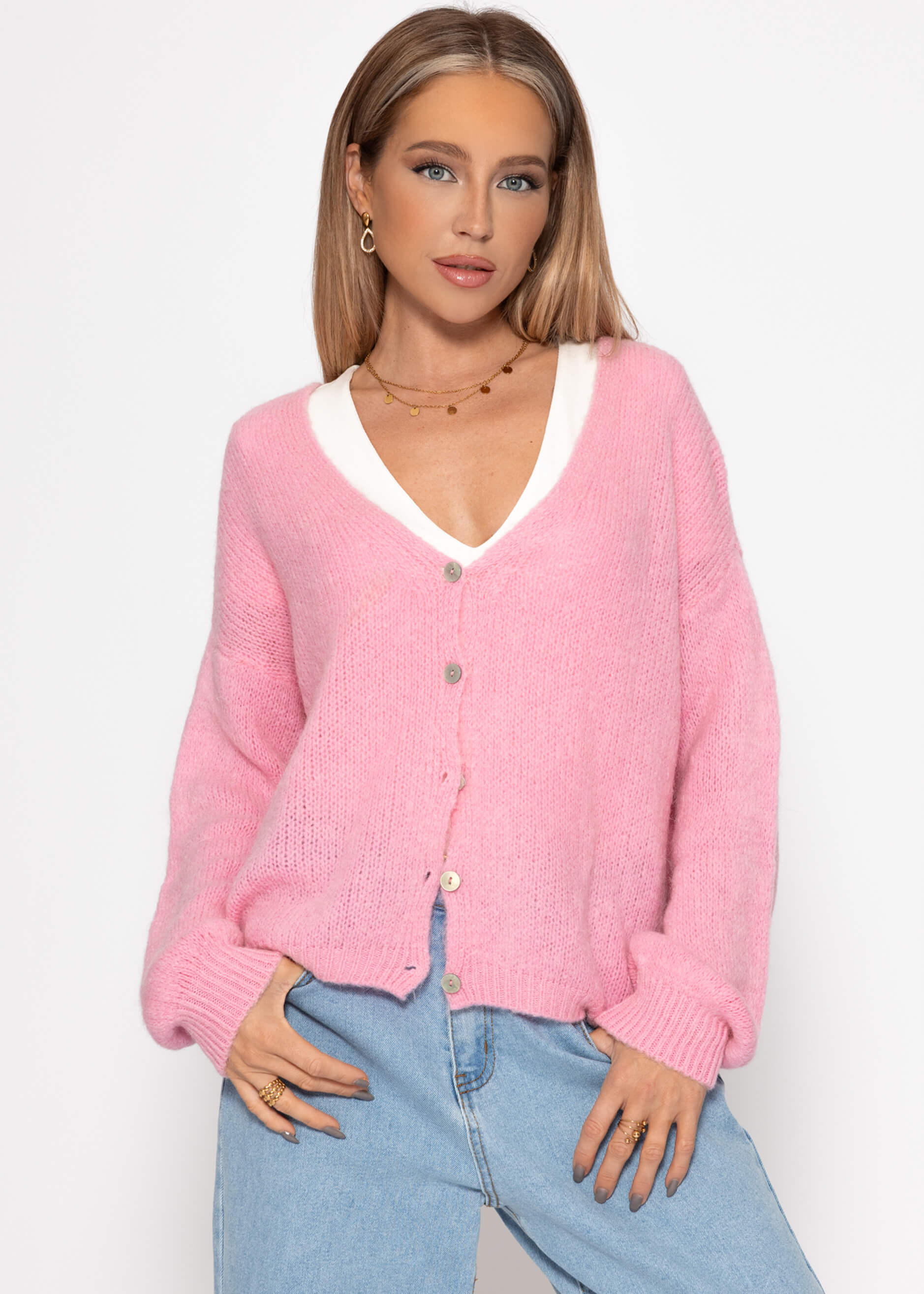 Cardigan mit V-Ausschnitt und Knopfleiste - rosa – Bekleidung > Cardigans | FormaLuxe
