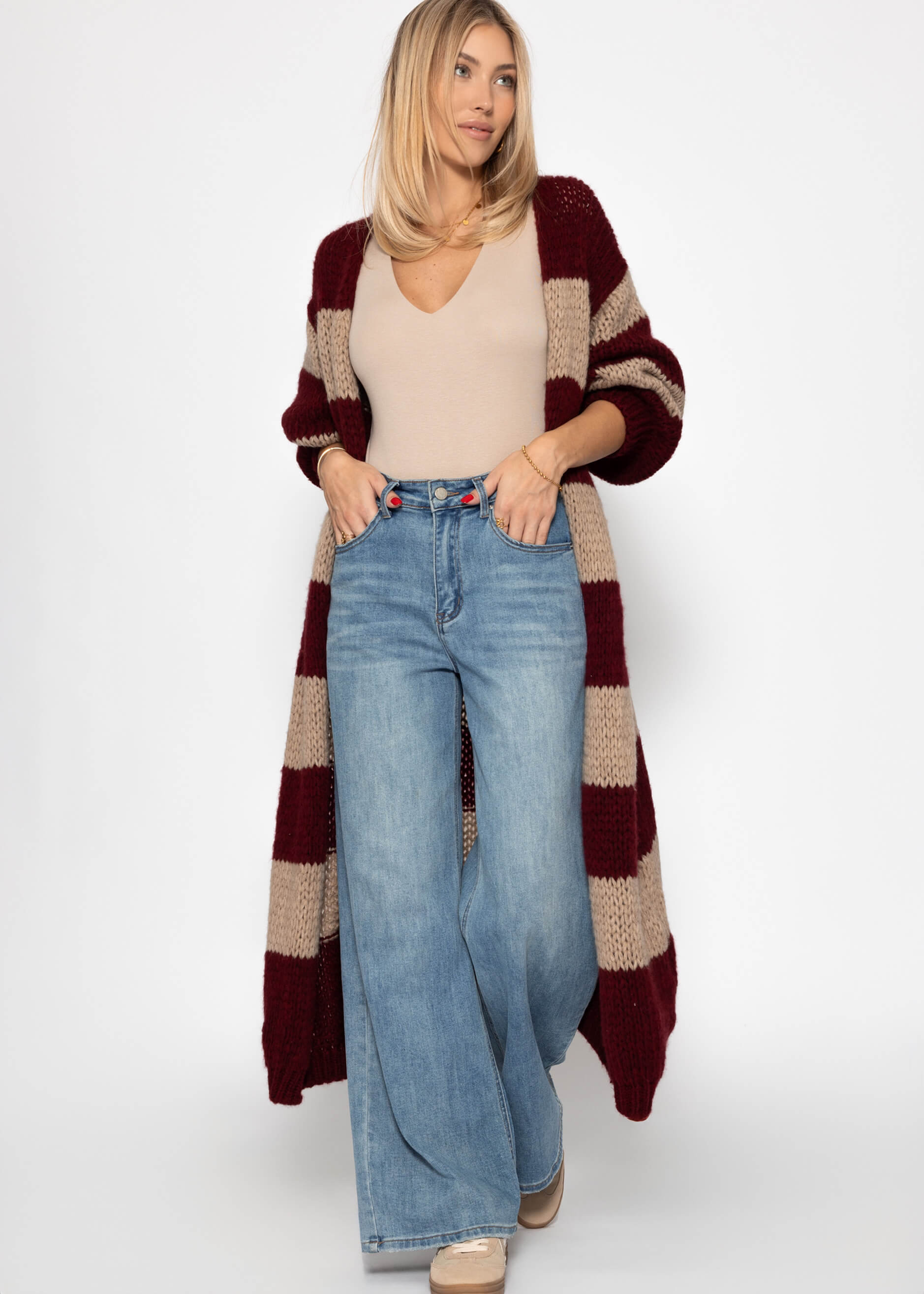 Extra langer Cardigan mit Blockstreifen - burgundy-taupe – Bekleidung > Cardigans | FormaLuxe