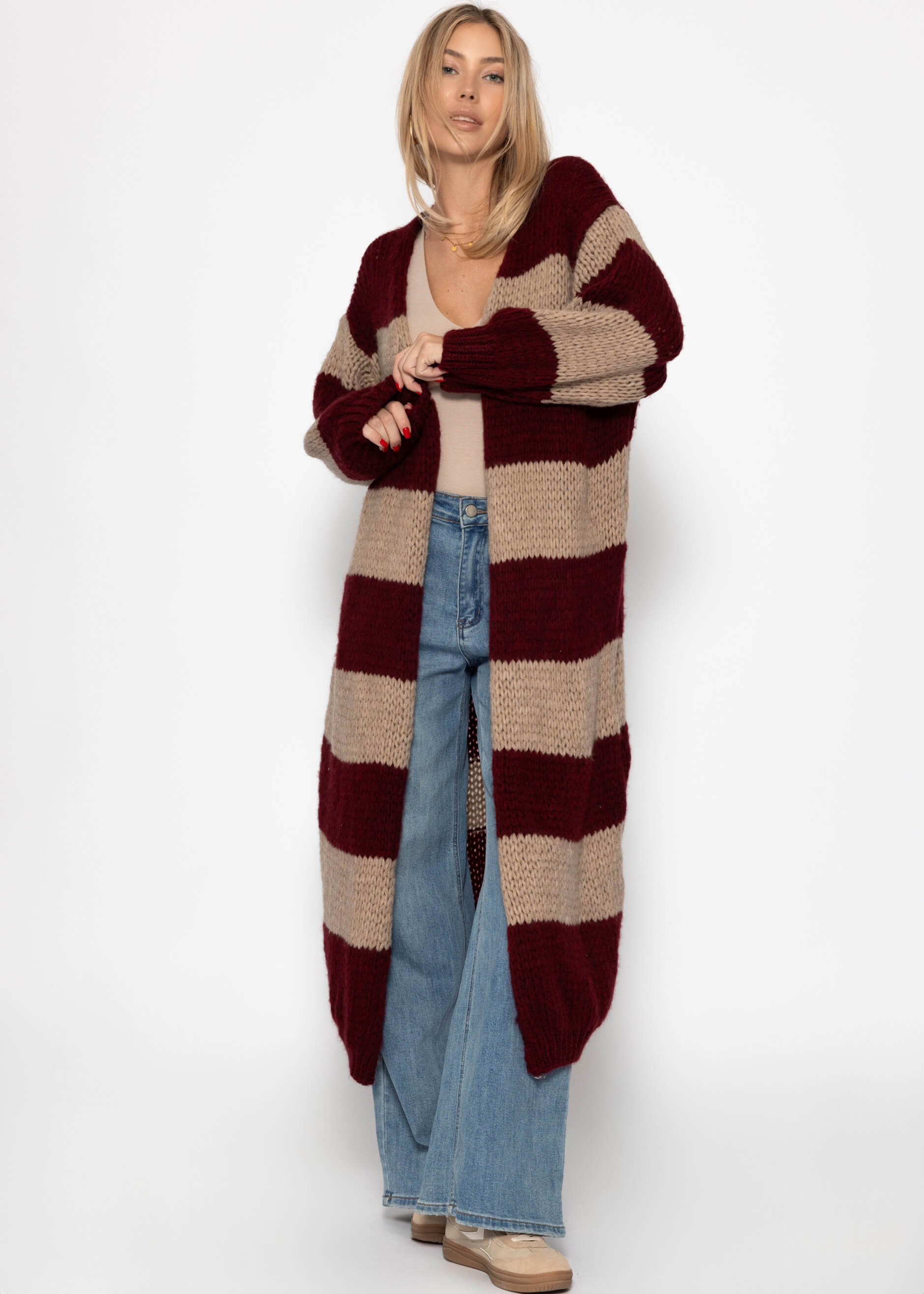 Extra langer Cardigan mit Blockstreifen - burgundy-taupe – Bekleidung > Cardigans | FormaLuxe
