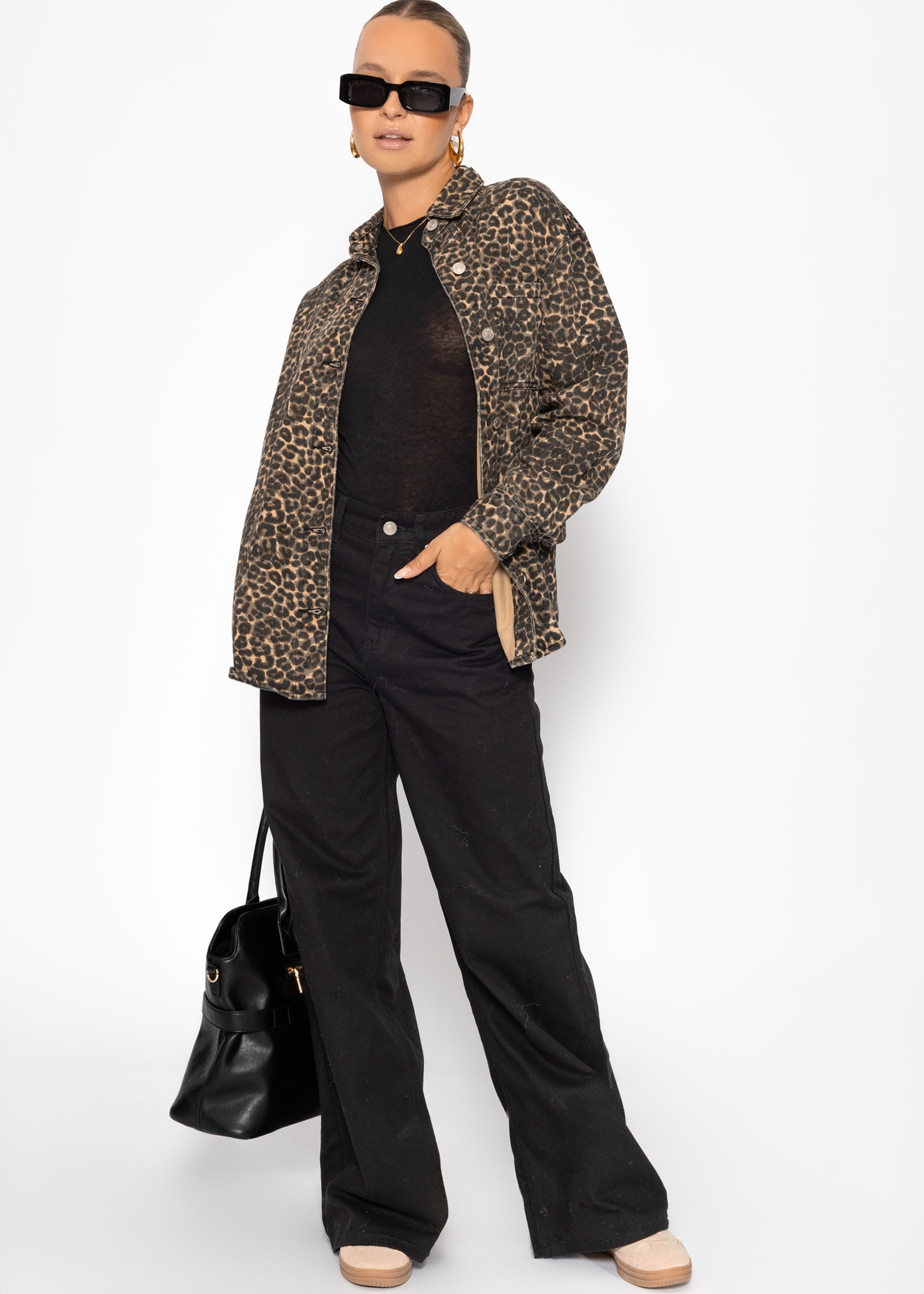 Hemdjacke aus Jeans mit Leo-Print - beige – Bekleidung > Blusen | FormaLuxe