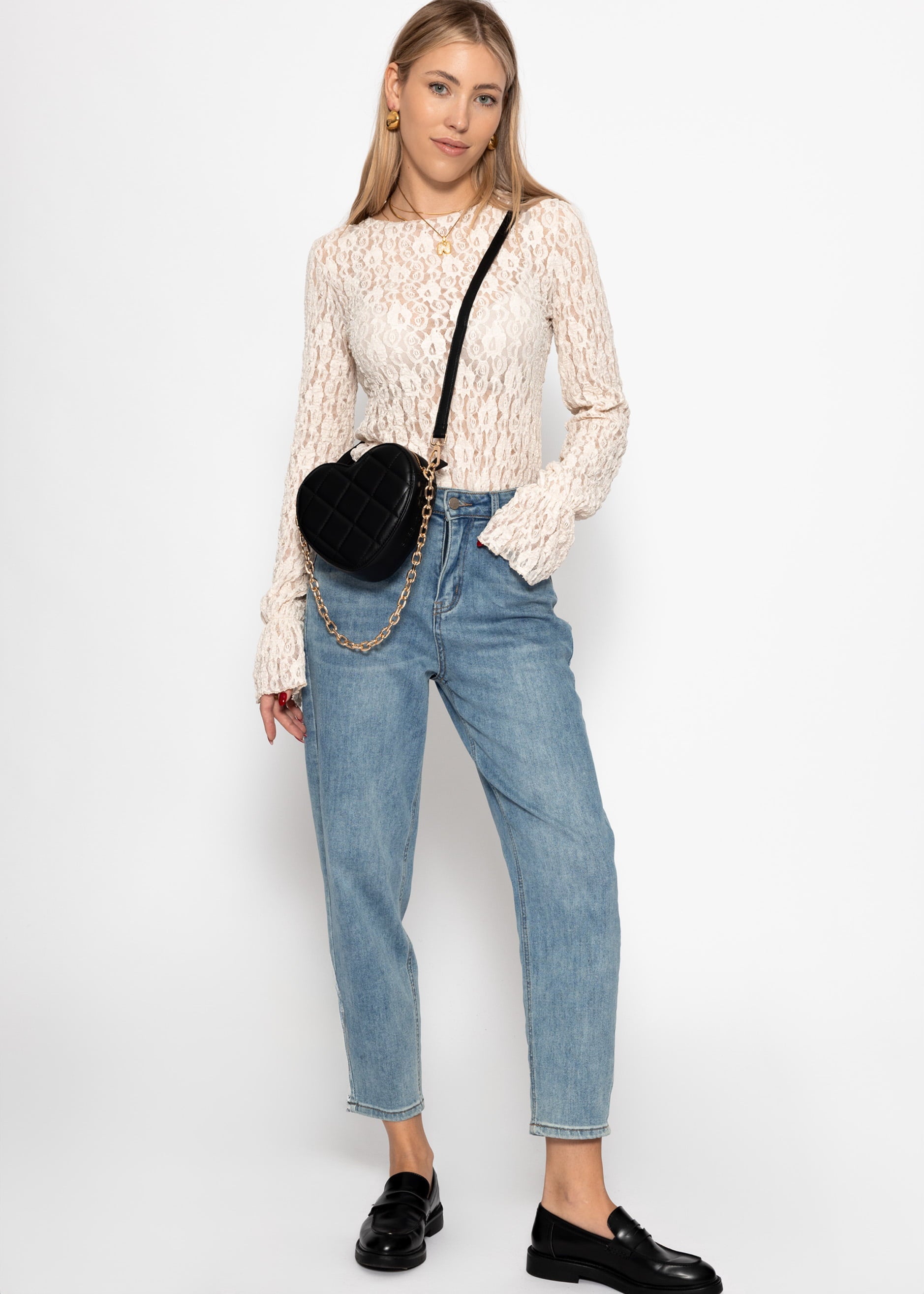 Langarm Spitzenshirt mit Volantärmeln - creme – Bekleidung > Langarmshirts | FormaLuxe