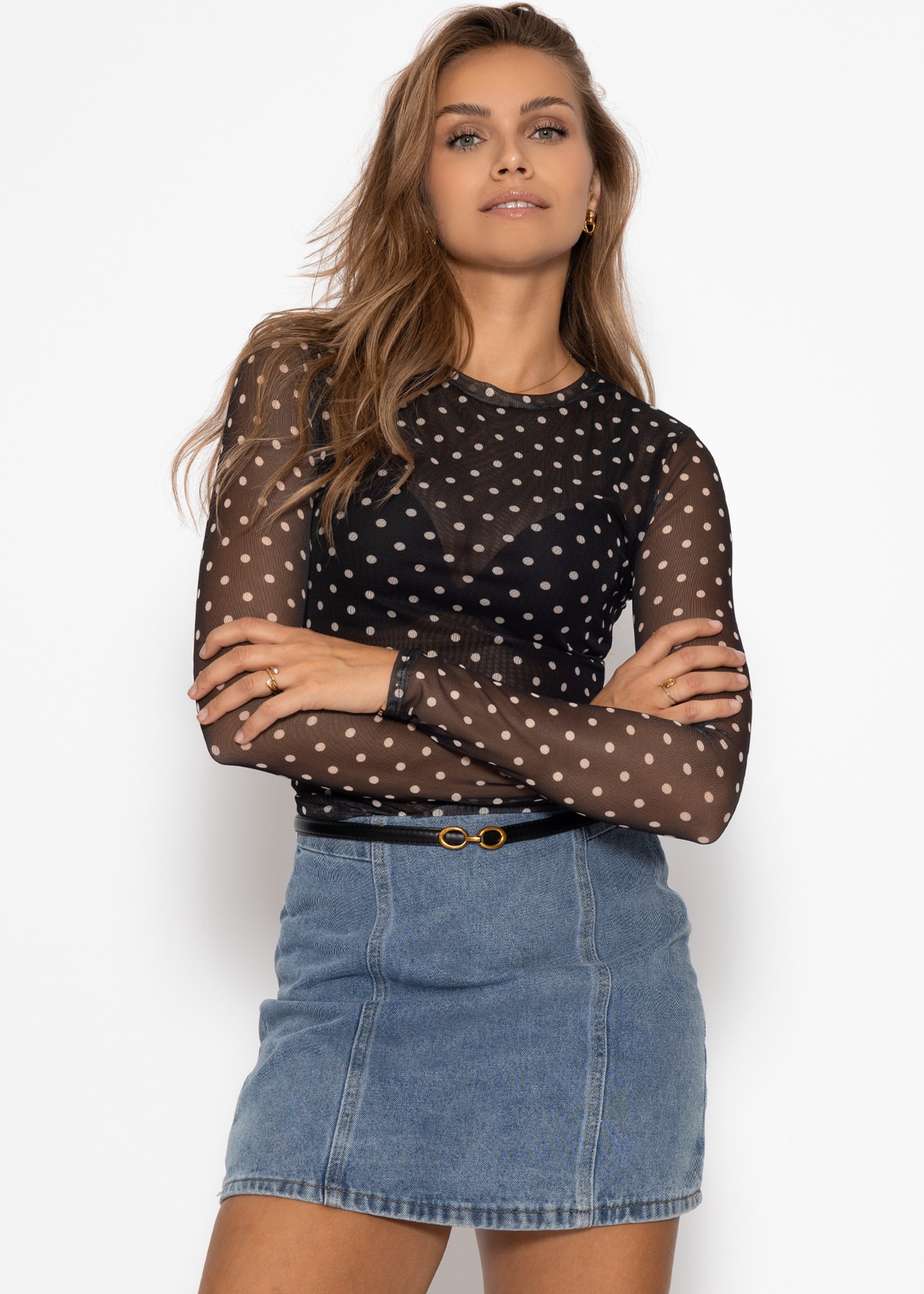 Mesh Langarmshirt mit Punkten - schwarz – Bekleidung > Langarmshirts | FormaLuxe