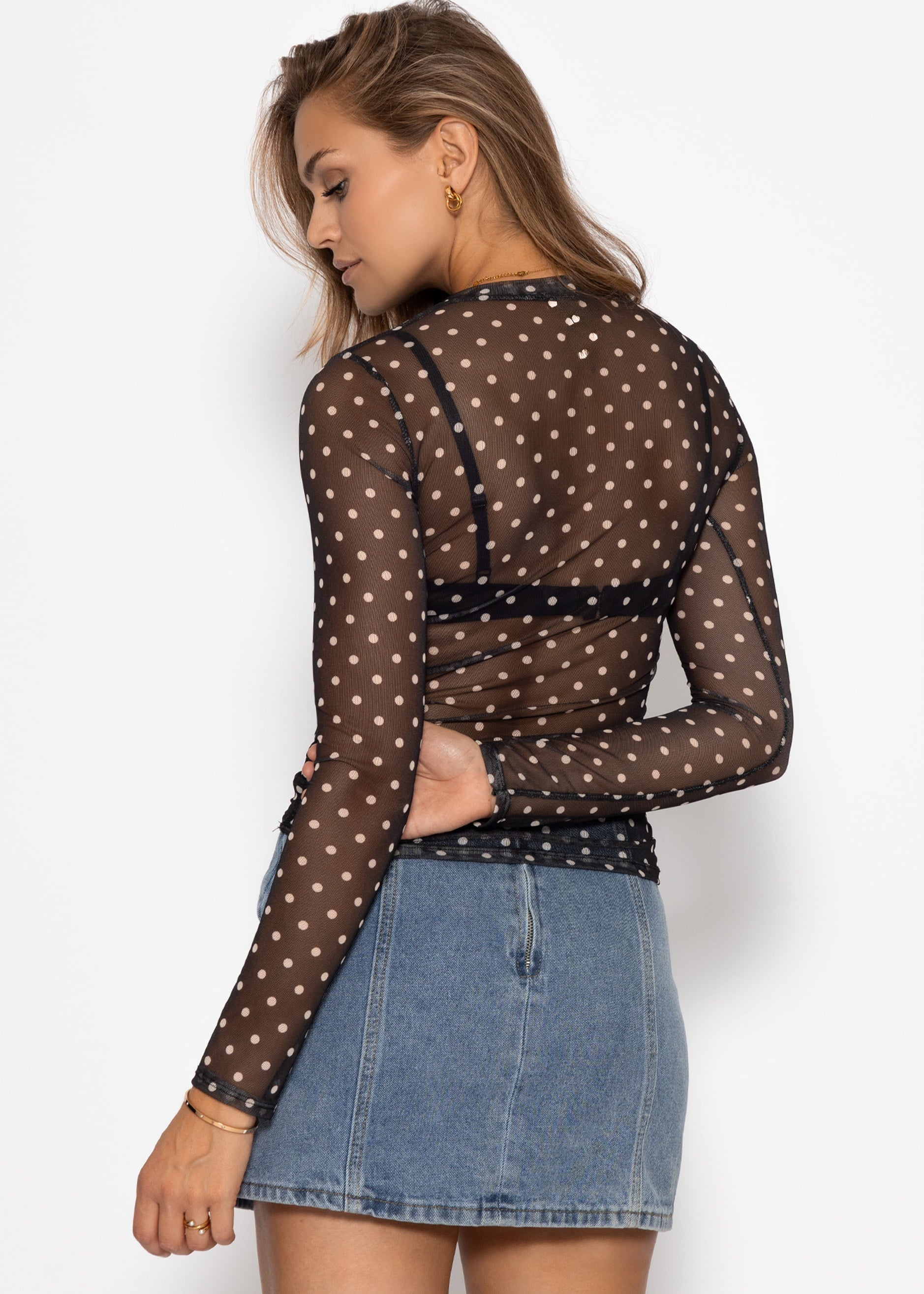 Mesh Langarmshirt mit Punkten - schwarz – Bekleidung > Langarmshirts | FormaLuxe