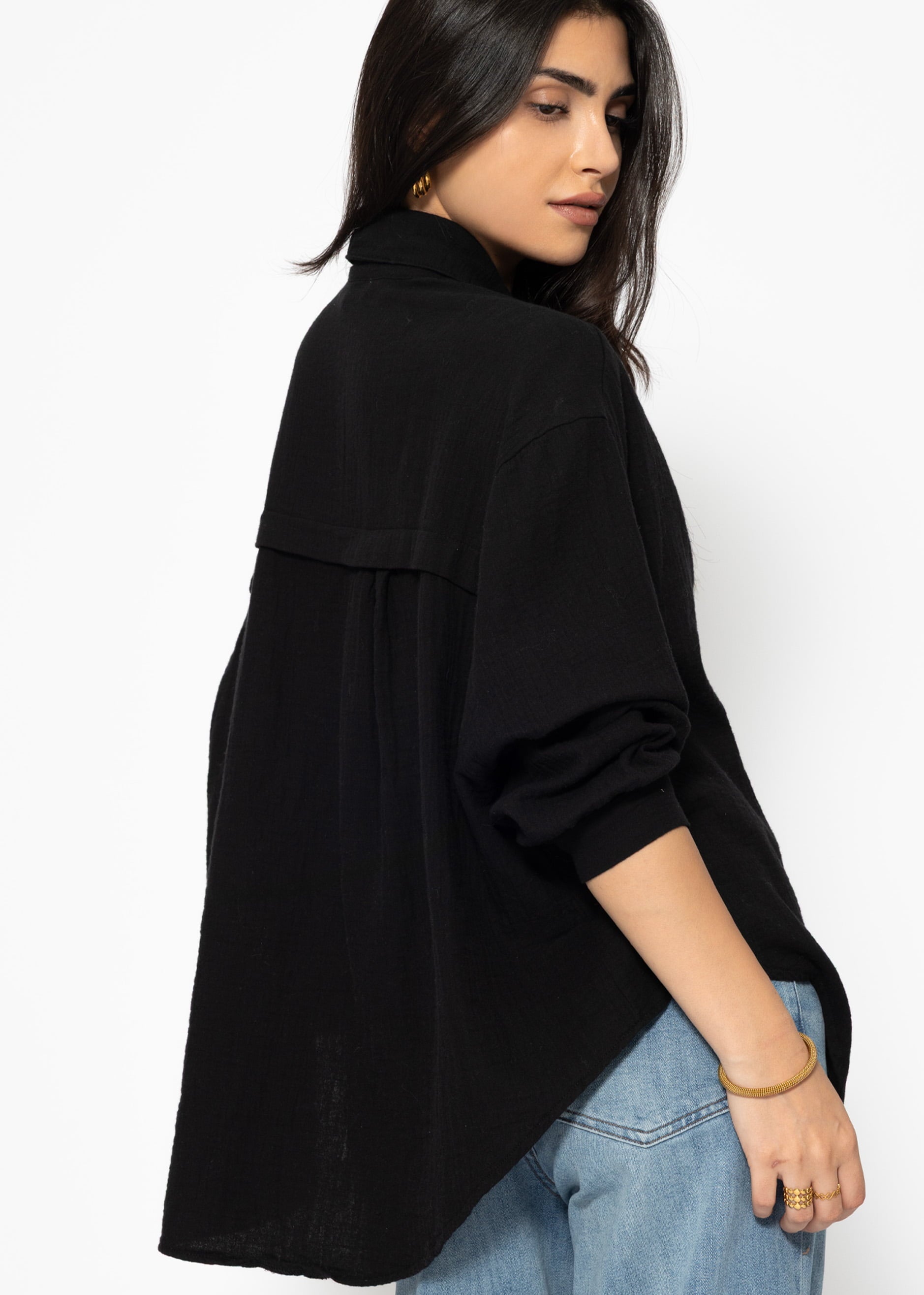 Musselin Bluse oversize, kurz, schwarz – Bekleidung > Blusen > Musselin > Oversize | FormaLuxe