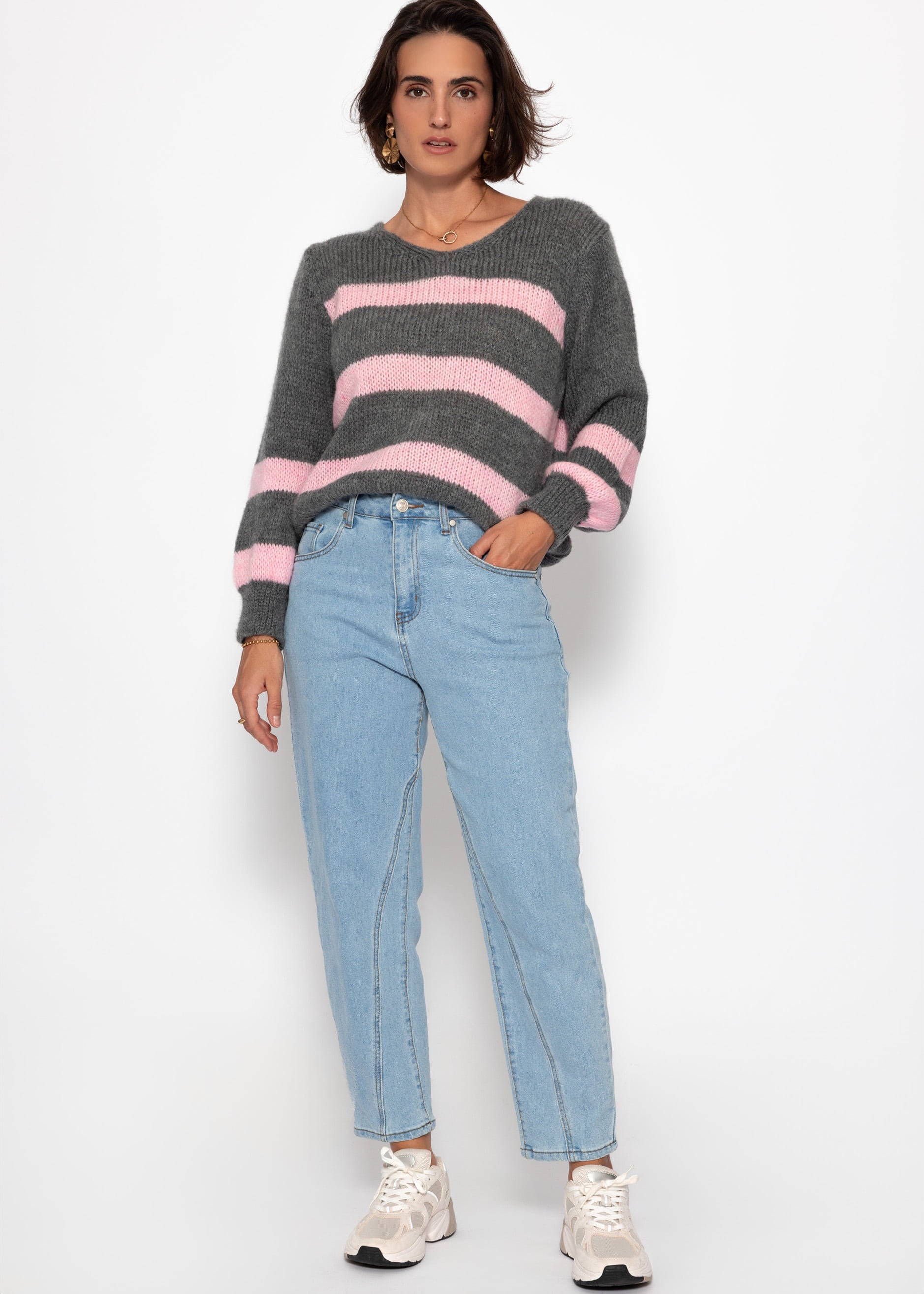 Pullover mit rosa Streifen - grau – Bekleidung > Pullover | FormaLuxe