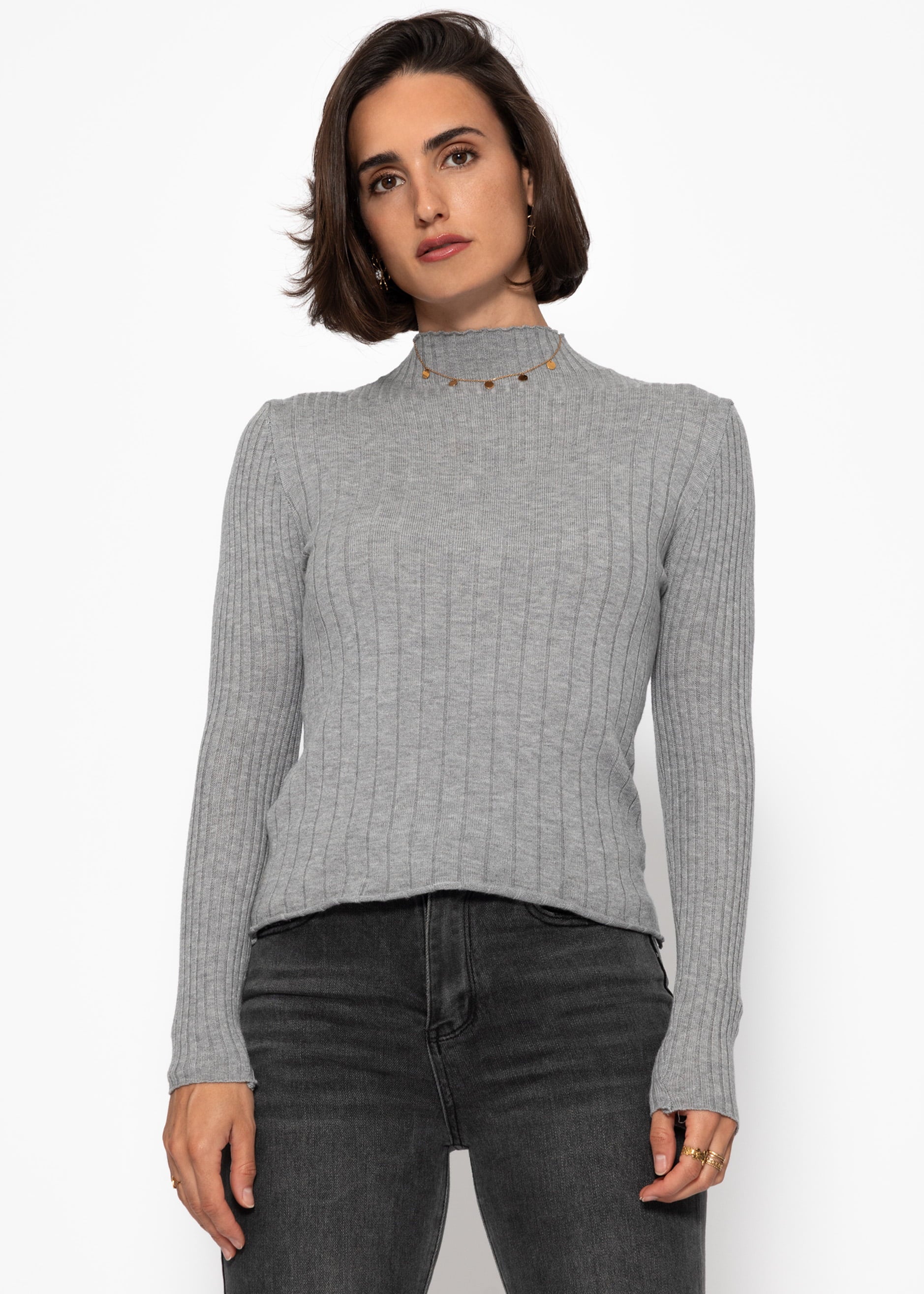 Rippstrickoberteil mit Stehkragen - grau – Bekleidung > Pullover | FormaLuxe