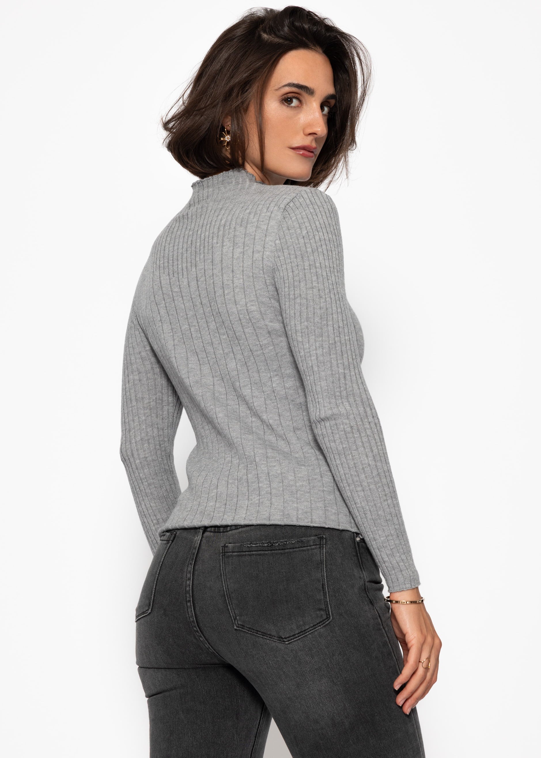 Rippstrickoberteil mit Stehkragen - grau – Bekleidung > Pullover | FormaLuxe