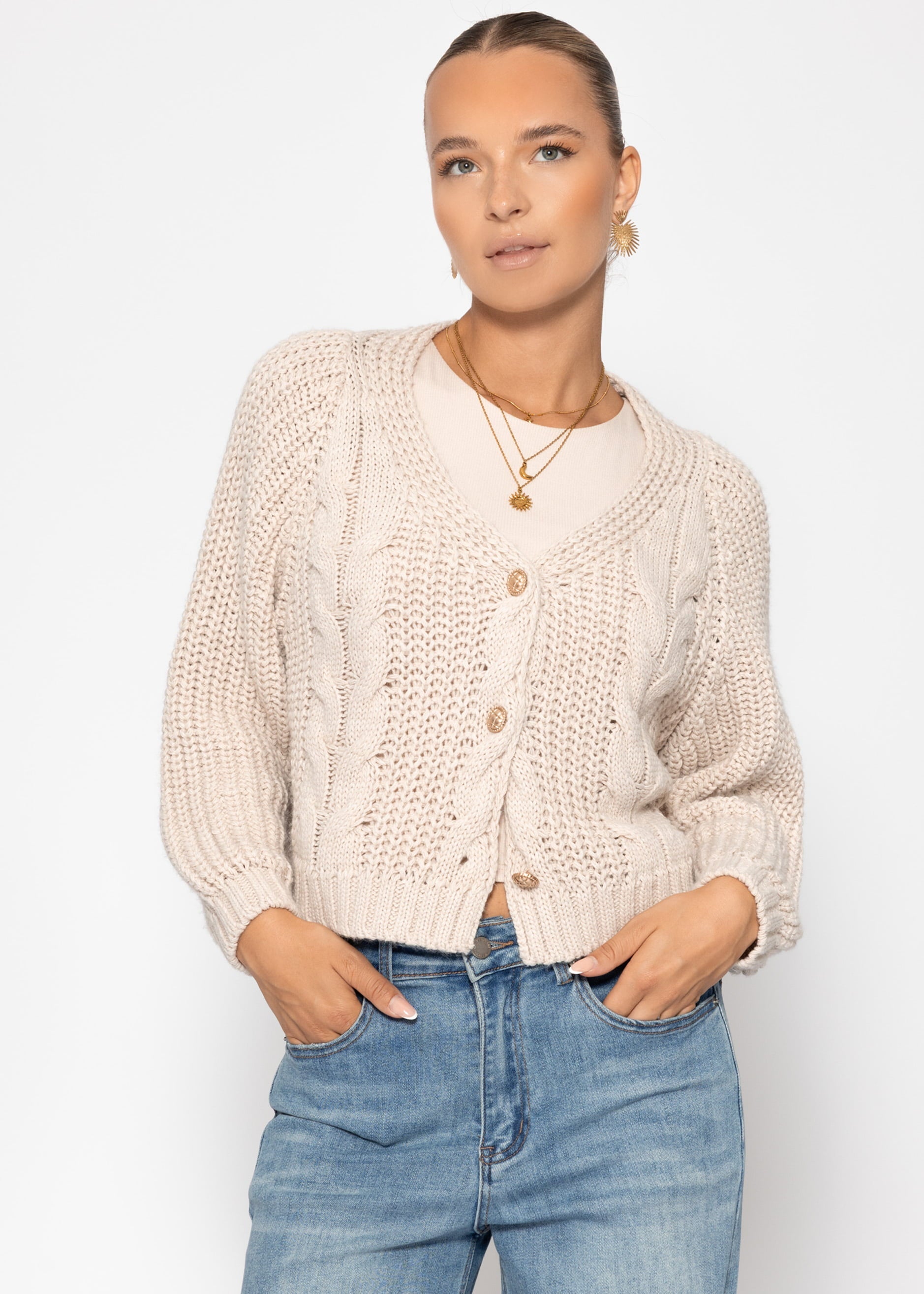 Zopfstrick-Cardigan mit Knopfleiste - beige – Bekleidung > Cardigans | FormaLuxe