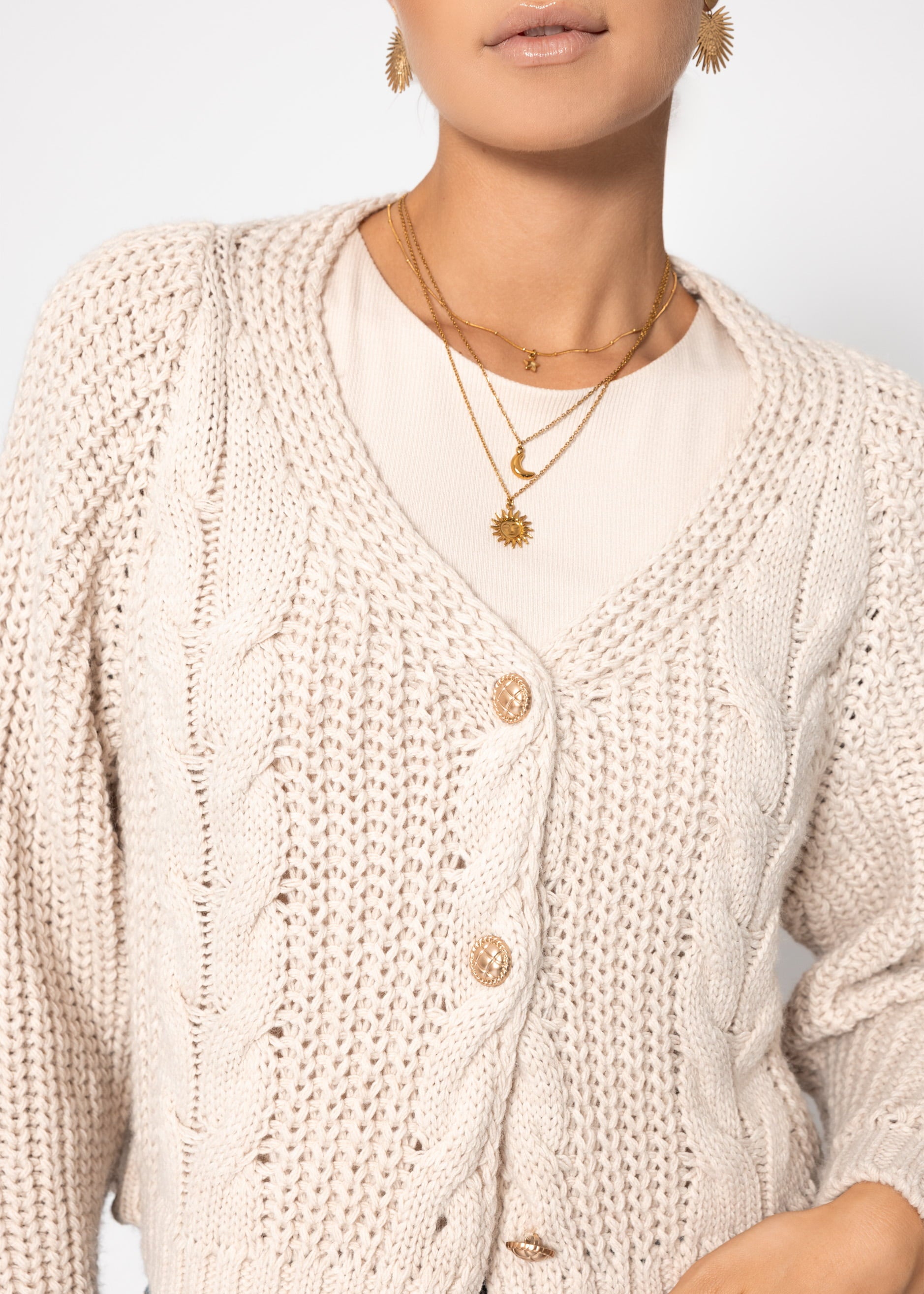 Zopfstrick-Cardigan mit Knopfleiste - beige – Bekleidung > Cardigans | FormaLuxe