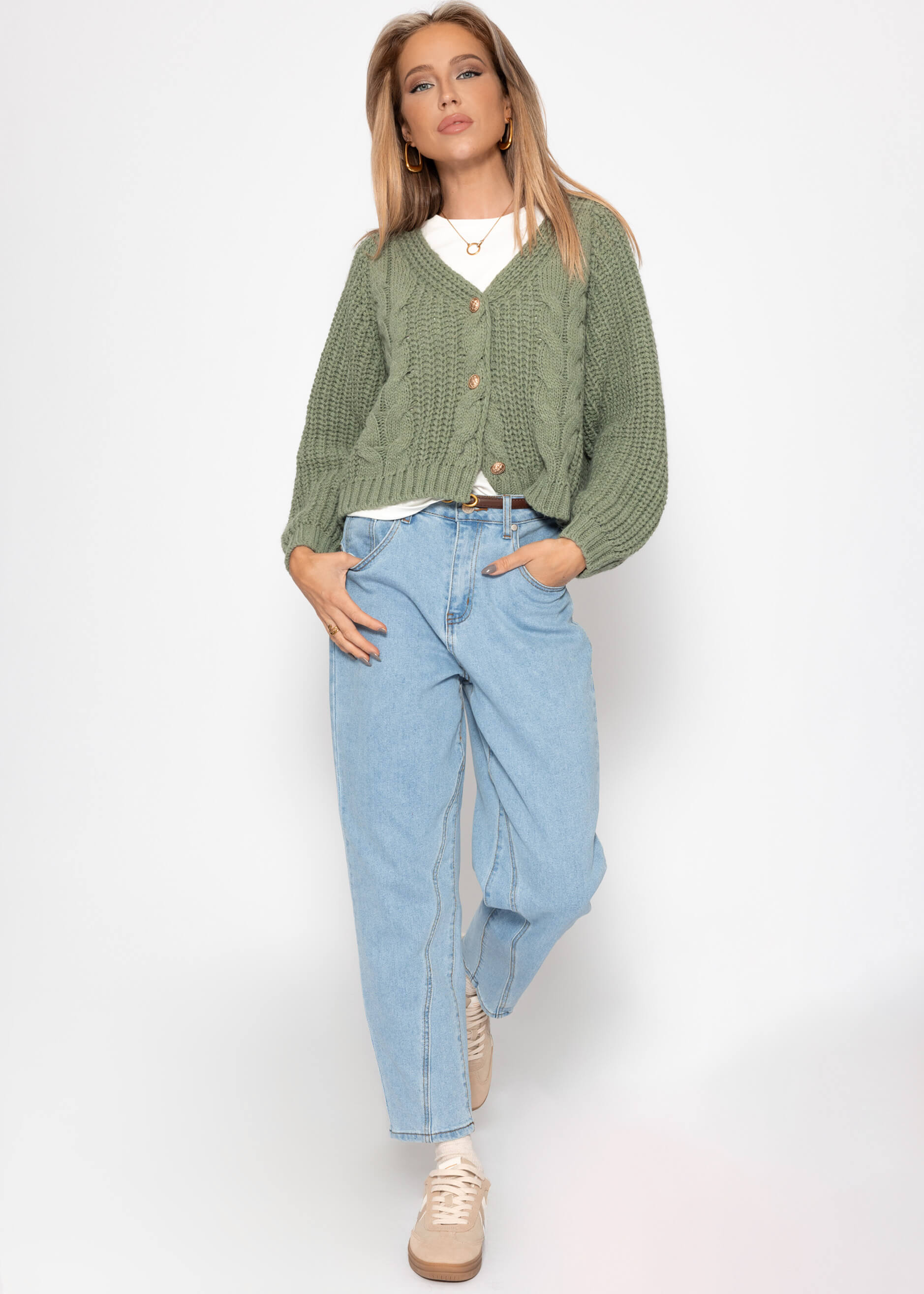 Zopfstrick-Cardigan mit Knopfleiste - salbeigrün – Bekleidung > Cardigans | FormaLuxe