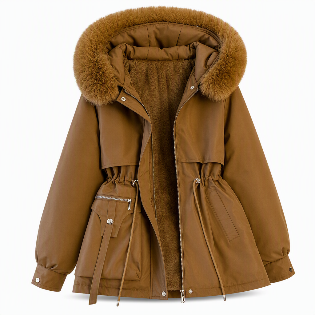 Damen Winterjacke Parka in Kaffeebraun mit Kapuze und Felloptik-Kragen | FormaLuxe