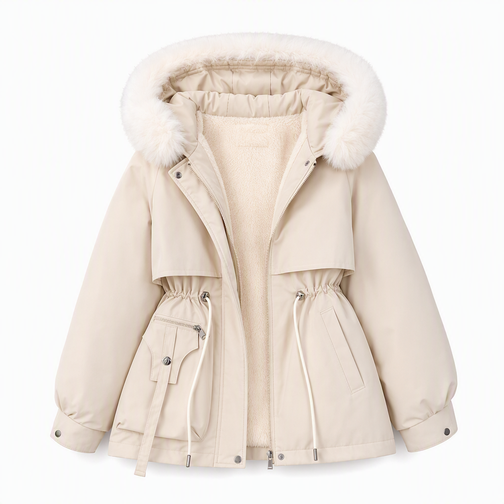 Damen Winterjacke Parka in Weiß mit Kapuze und Felloptik-Kragen | FormaLuxe