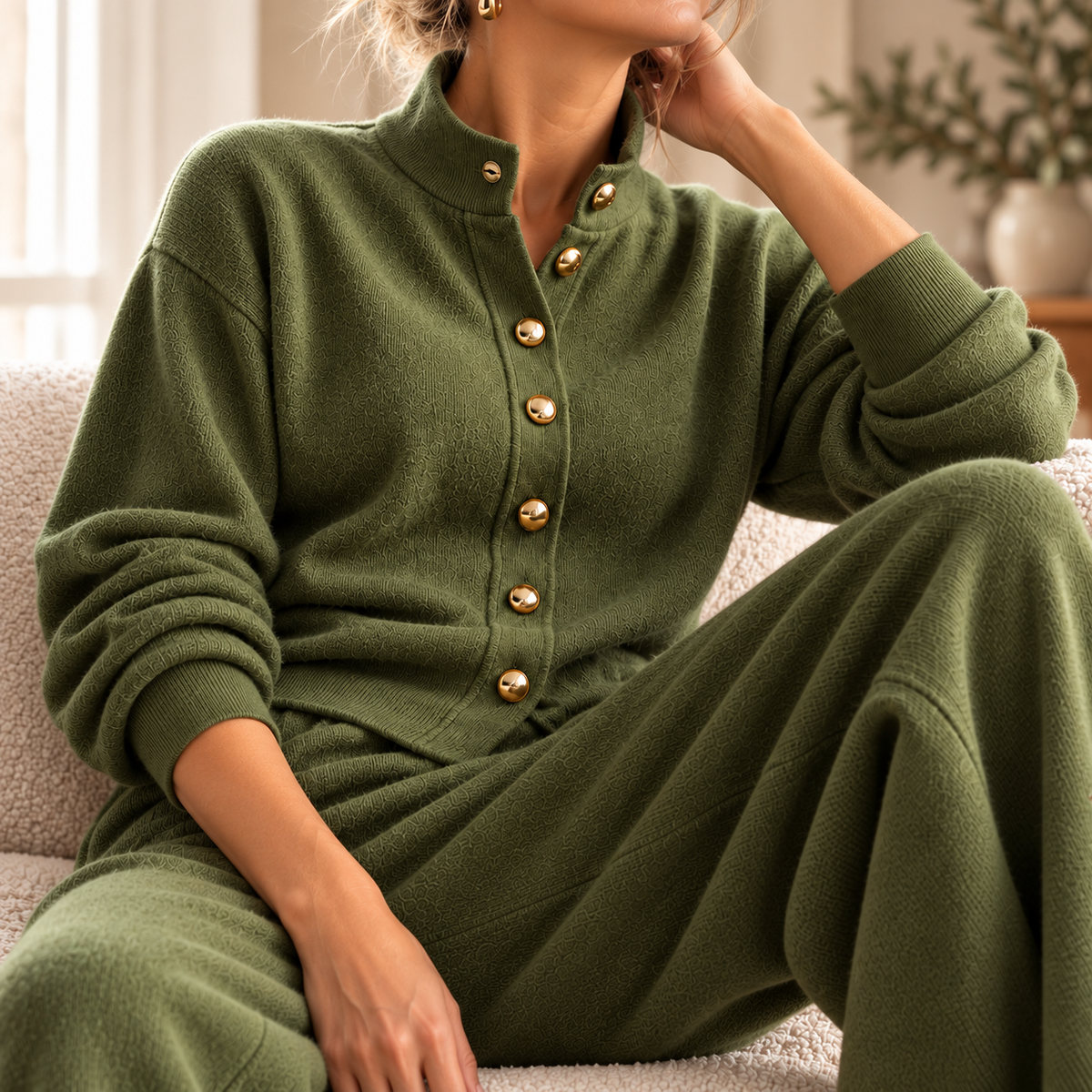 Valerie Strick-Set Damen in Olivgrün – Nahaufnahme von Strickstruktur und goldfarbenen Knöpfen | FormaLuxe
