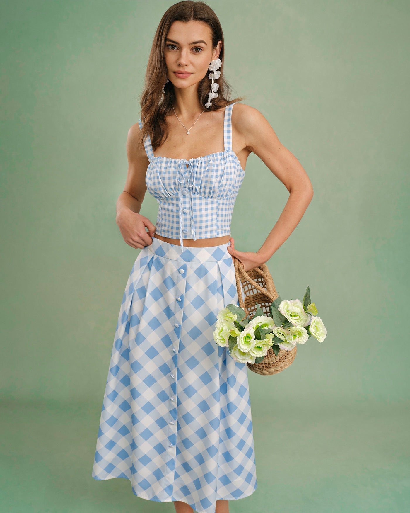 Maeva – Corsagen-Top mit hellblauem Vichy-Karo und Bindeband