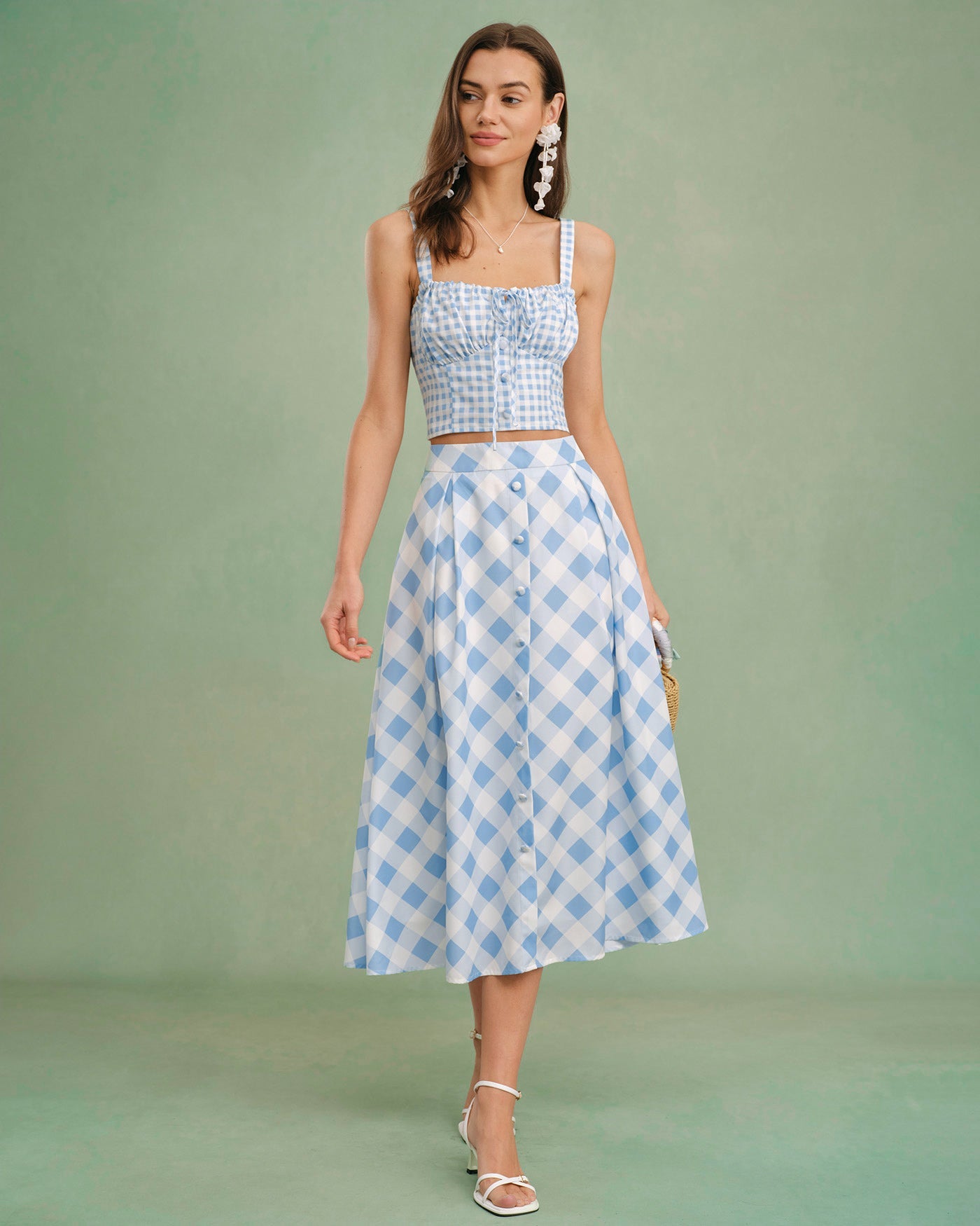 Maeva – Corsagen-Top mit hellblauem Vichy-Karo und Bindeband