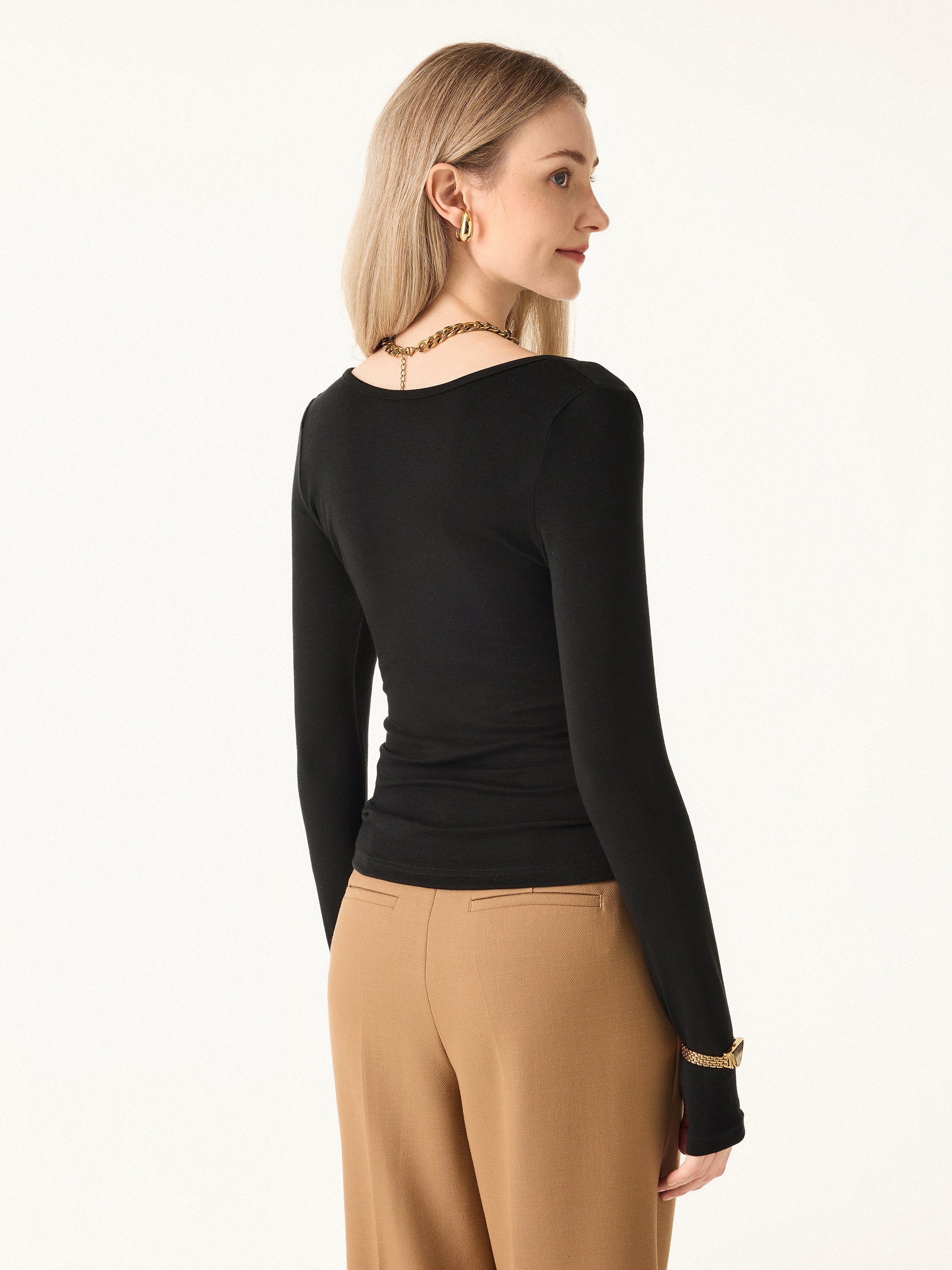 Essential Lyocell Cashmere Multi-Wear Long Sleeve Top with Thumbholes Black – Women > Tops > Shirts&Tops | FormaLuxe
