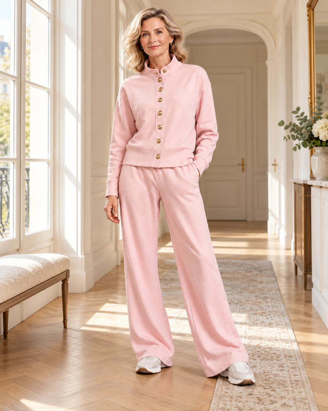 Valerie Strick-Set Rosa – vollständiger Look mit Strickjacke und weiter Hose | FormaLuxe