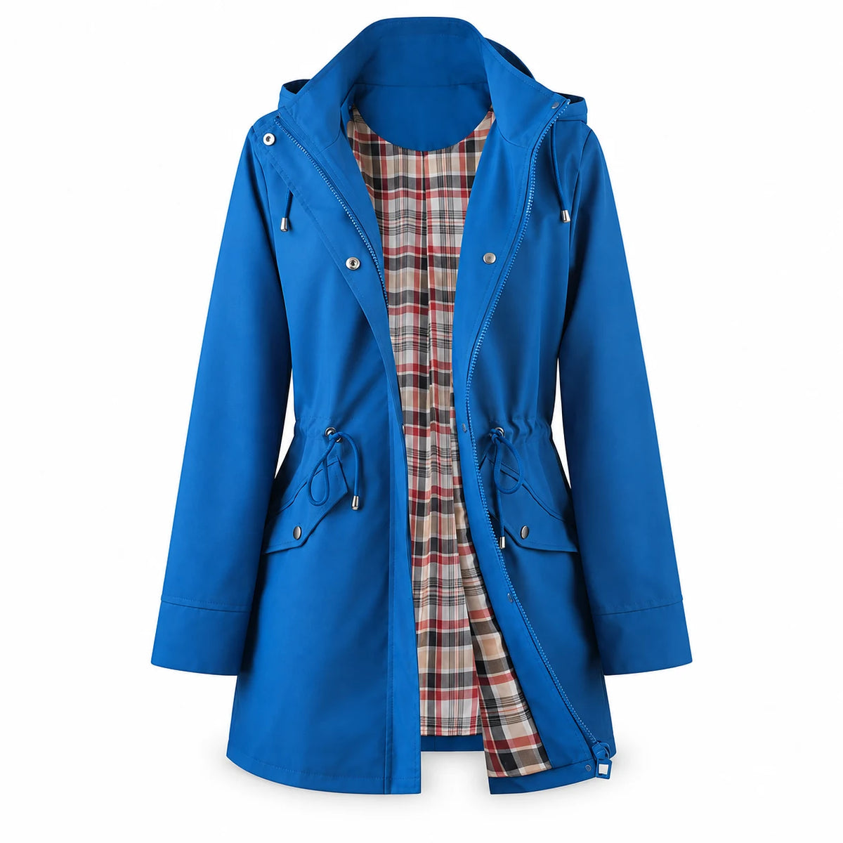 Regenjacke Damen Liv in Blau – Vorderansicht mit Kapuze und Karofutter | FormaLuxe