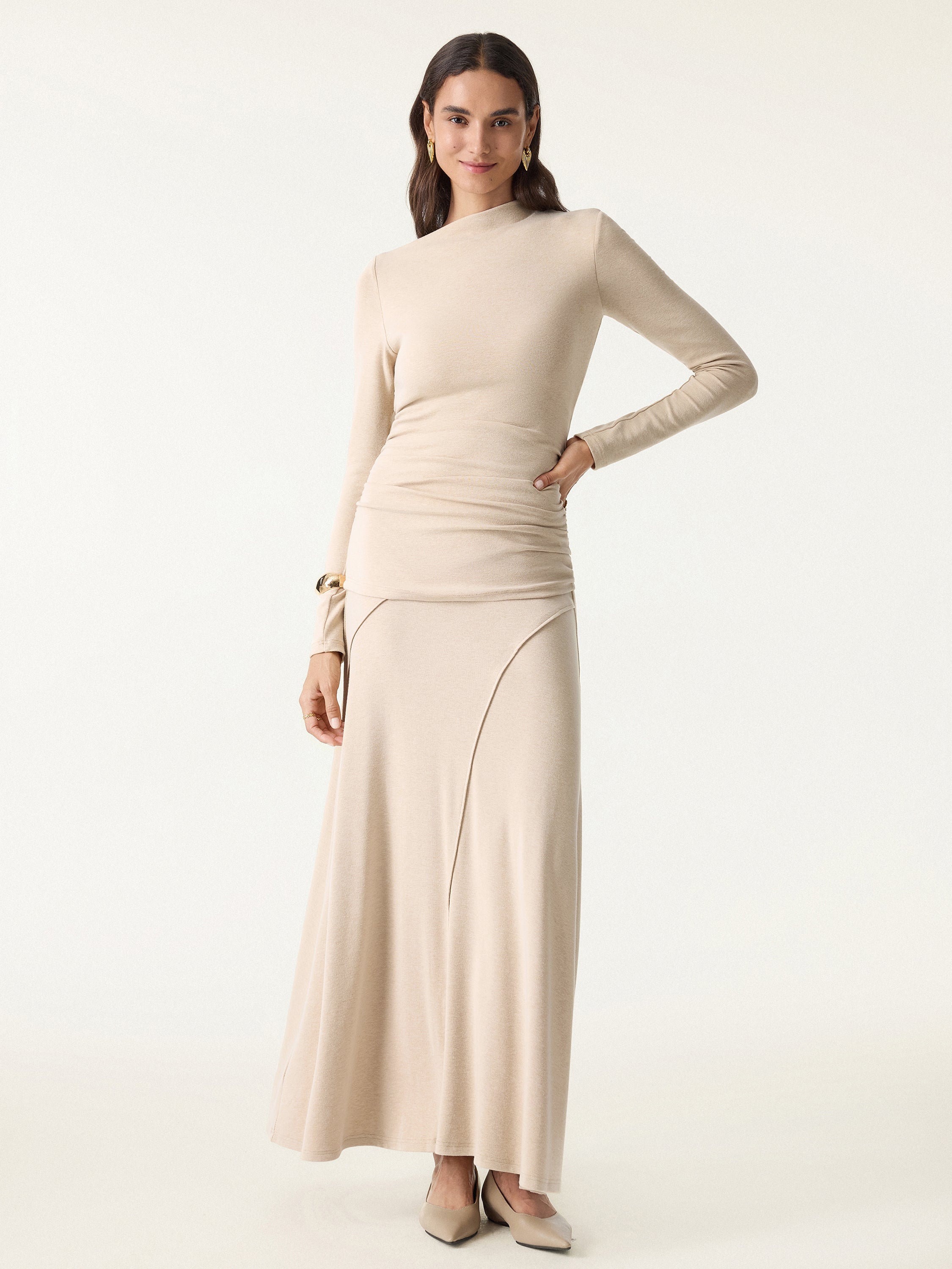 Light Warm Slanted Mockneck Ruched Brami Natural Calico – Women > Tops > Bra Tops | FormaLuxe