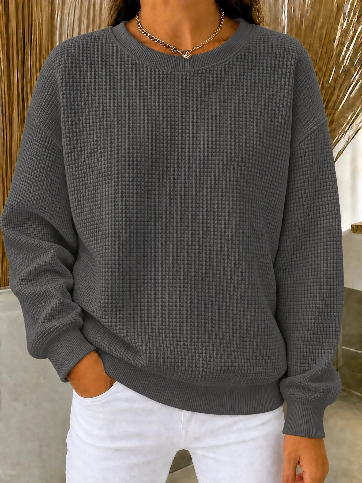 Waffelstrick-Pullover Damen Mila in Grau – Waffelstruktur und Rundhalsausschnitt | FormaLuxe