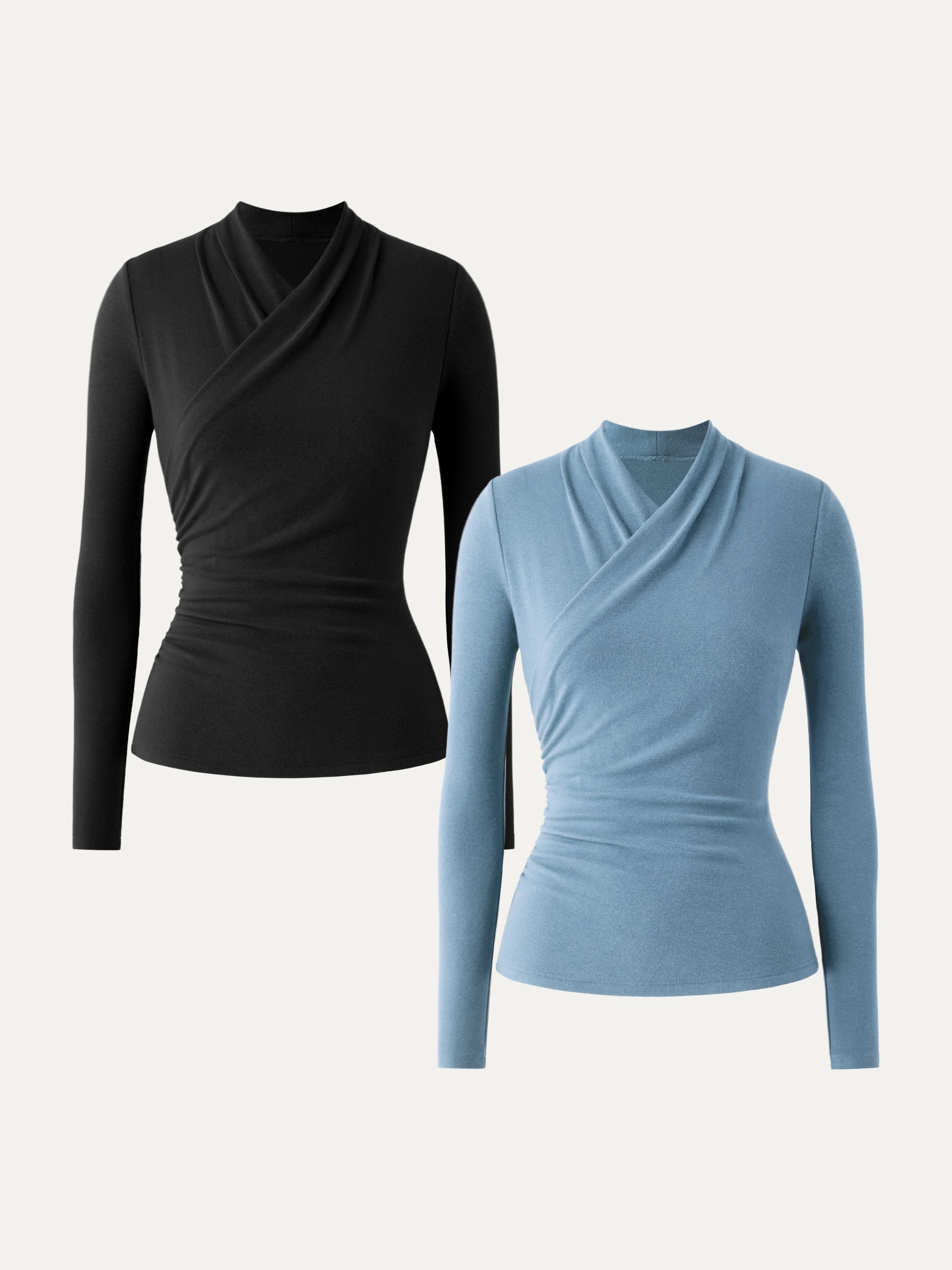 2Pcs Set Surplice Long Sleeve Top Black/Cinnamon Buff – Women > Bundles&Sets > Bundles | FormaLuxe