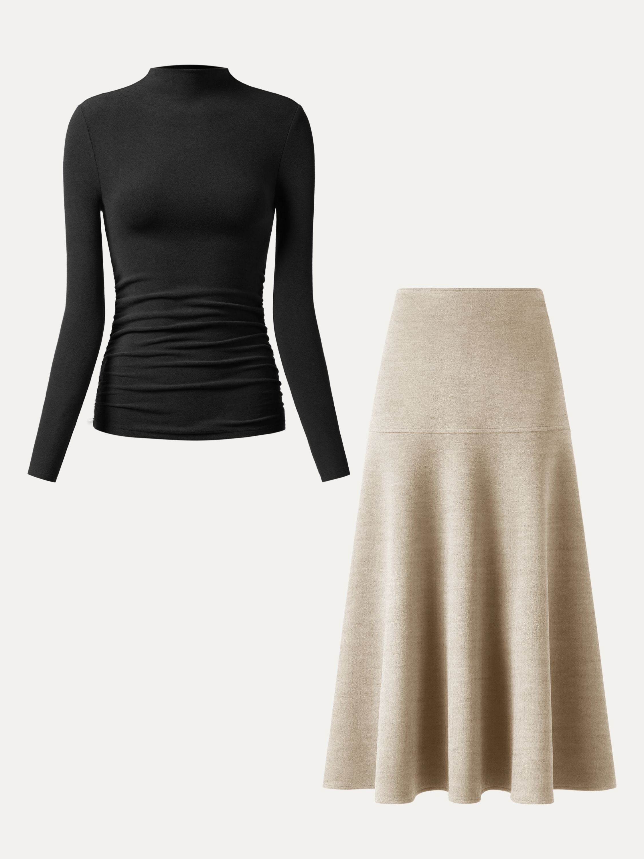 2Pcs Set Ruched Sides Tuckable Mockneck Top & Flared Maxi Skirt Off White/Heather Morganite – Women > Bundles&Sets > Bundles | FormaLuxe