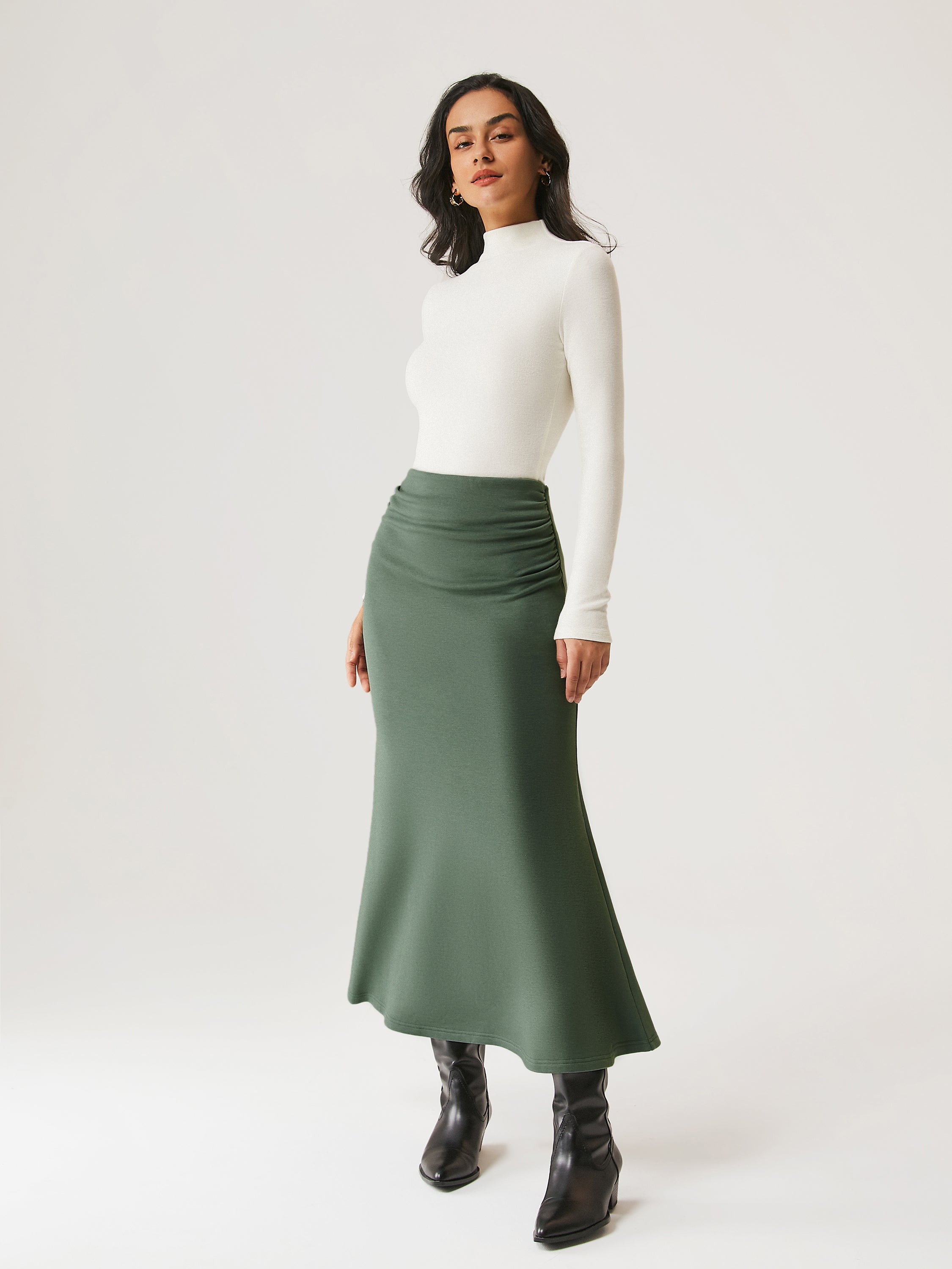 Jupe maxi sirène à côté froncé - Intérieur brossé Moss – Femmes > Bas > Jupes | FormaLuxe