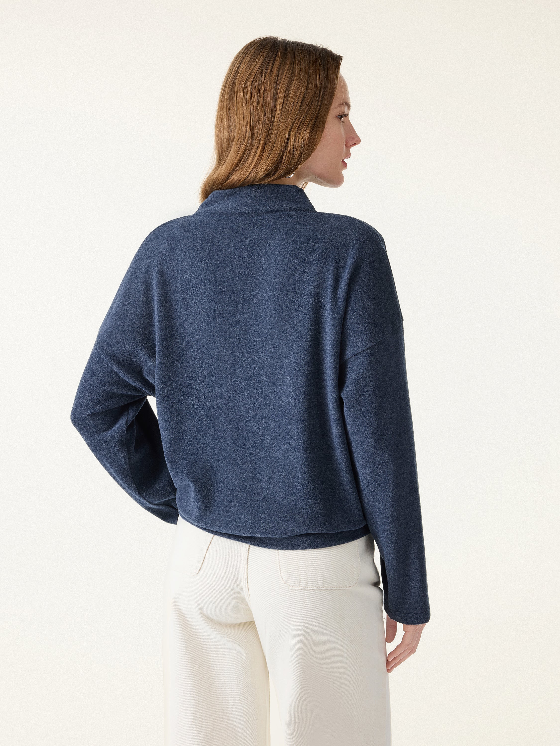 Cozy Relaxed Mockneck Top with Banded Hem Heather Indigo – Women > Tops > Shirts&Tops | FormaLuxe