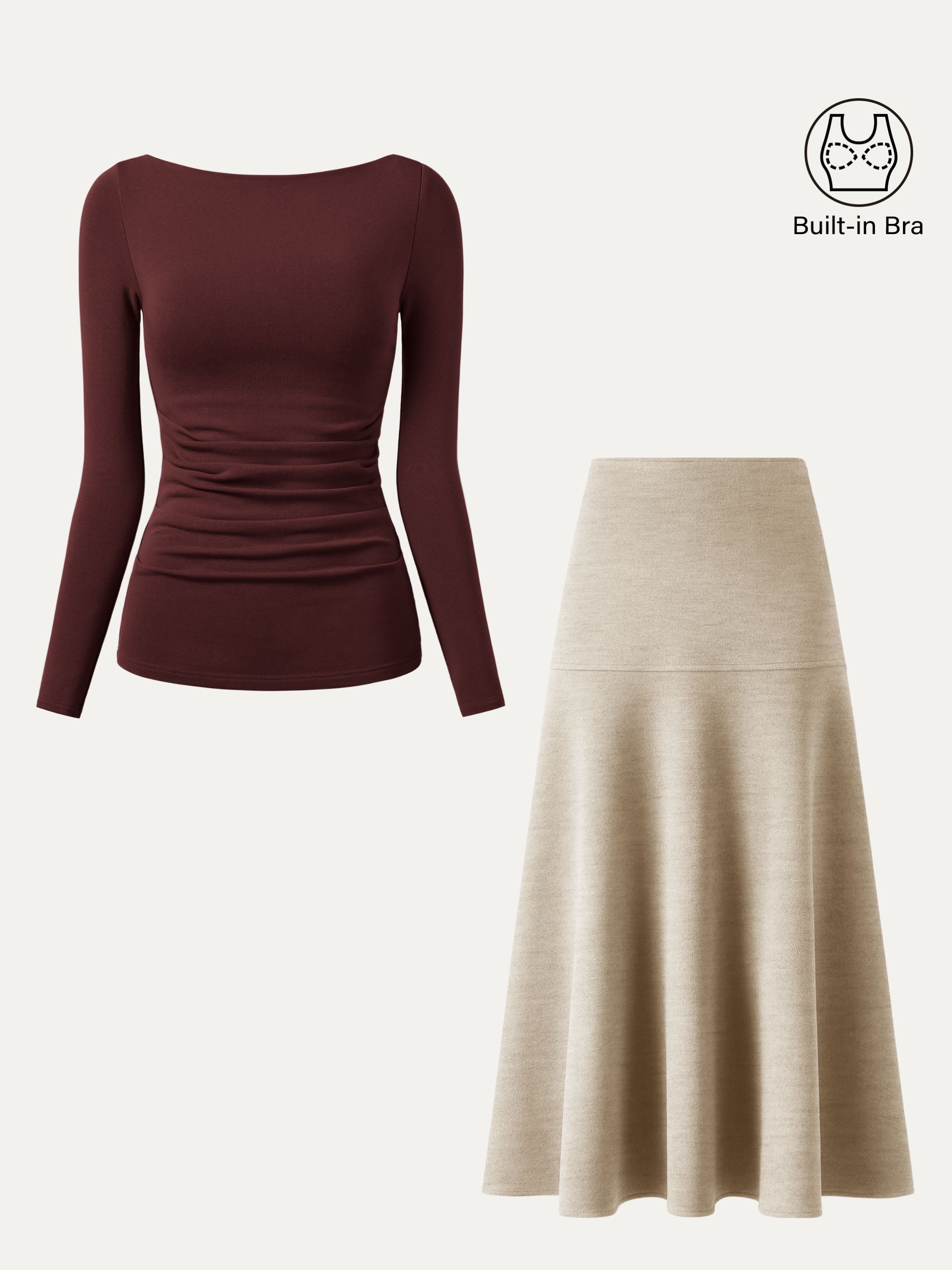 2Pcs Set Boatneck Tucks Brami Top & Flared Maxi Skirt Espresso/Heather Morganite – Women > Bundles&Sets > Bundles | FormaLuxe
