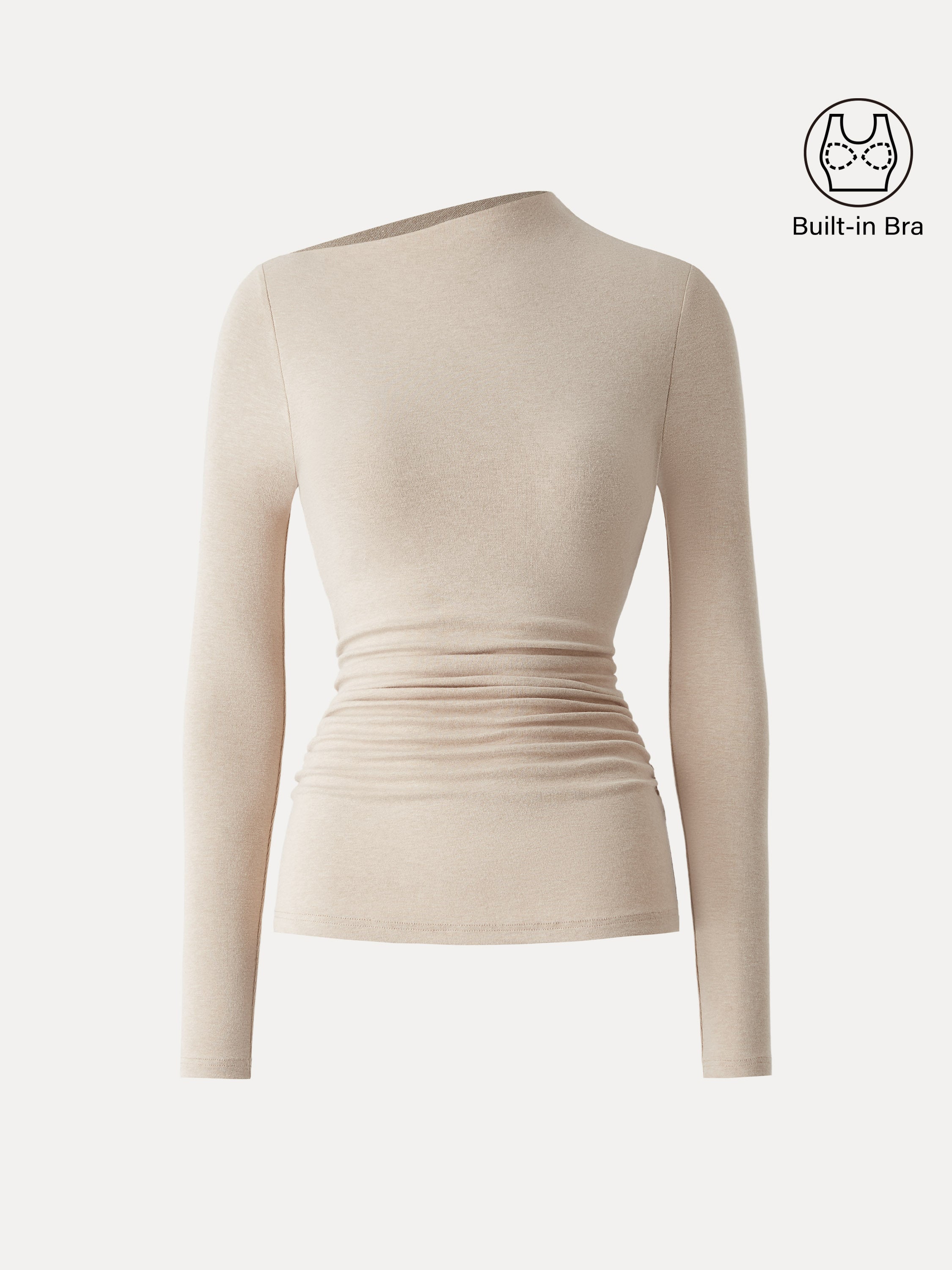 Light Warm Slanted Mockneck Ruched Brami Natural Calico – Women > Tops > Bra Tops | FormaLuxe