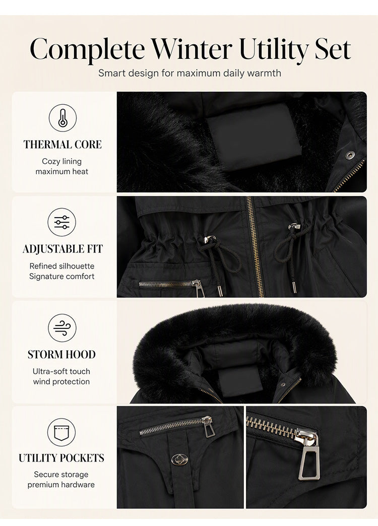 Details der Damen Winterjacke mit weichem Futter, Tunnelzug und Reißverschlusstaschen | FormaLuxe