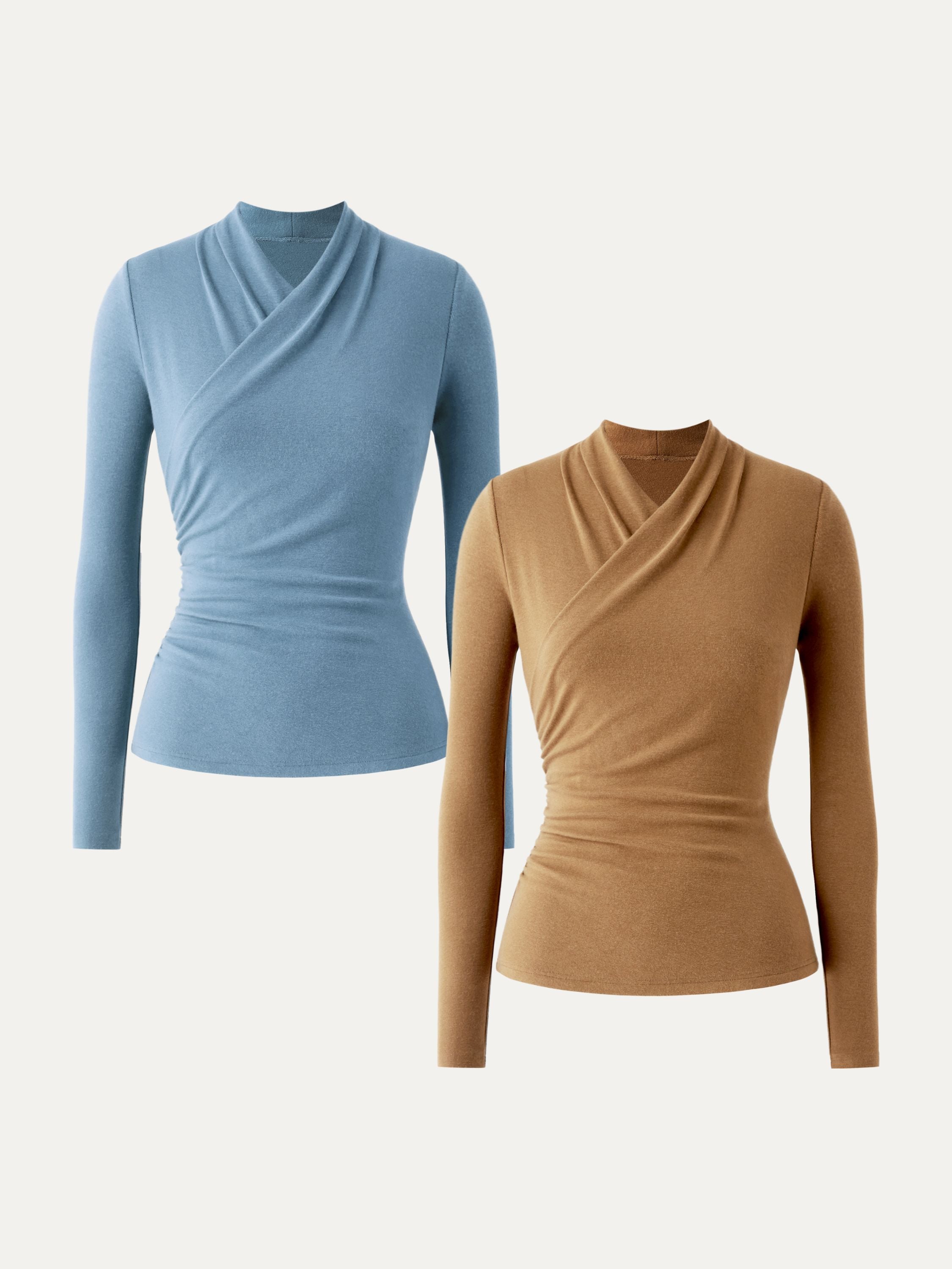 2Pcs Set Surplice Long Sleeve Top Black/Cinnamon Buff – Women > Bundles&Sets > Bundles | FormaLuxe