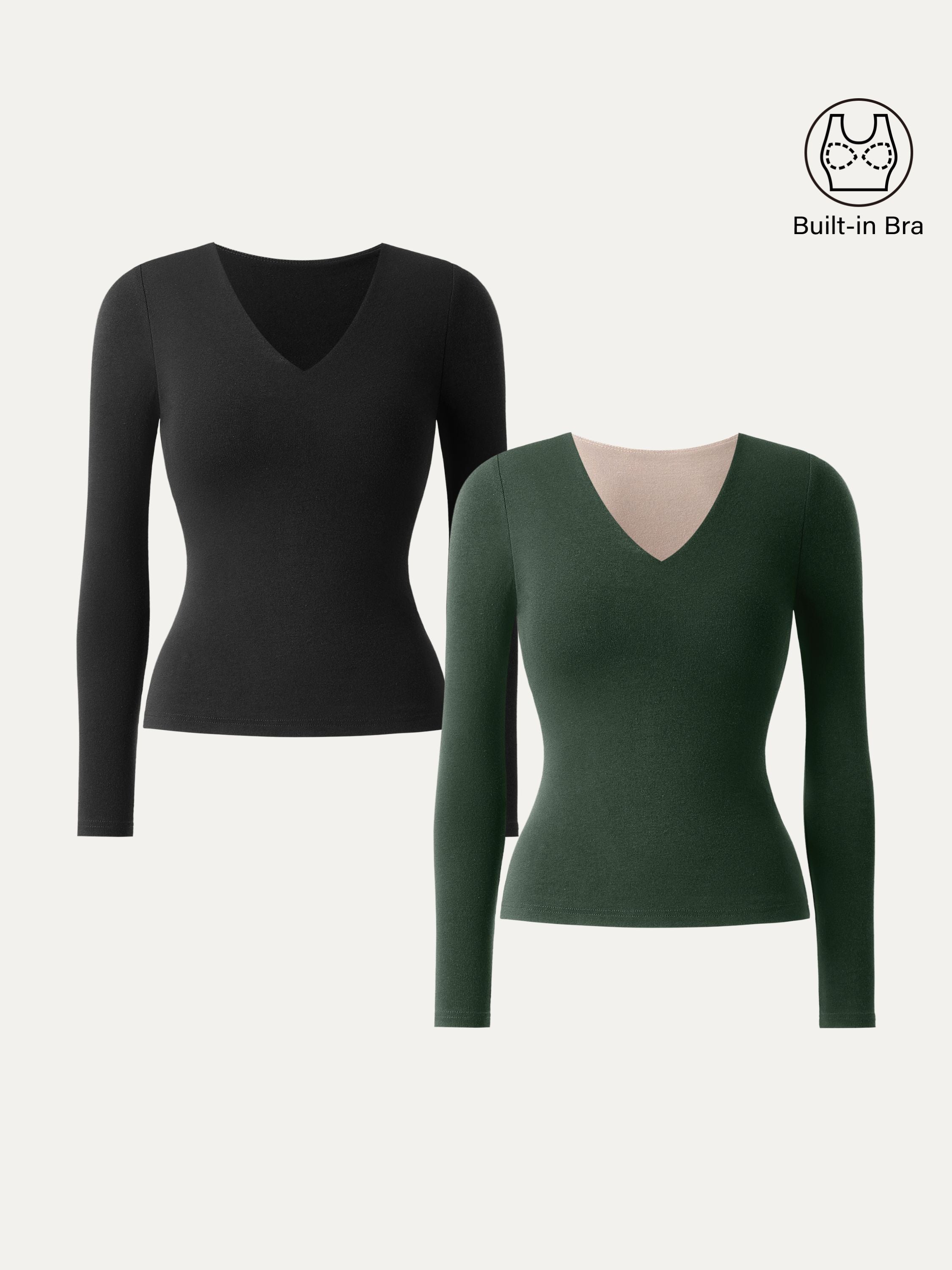 Stretch Cotton V-Neck Long Sleeve Brami Top Deep Bush – Women > Tops > Bra Tops | FormaLuxe