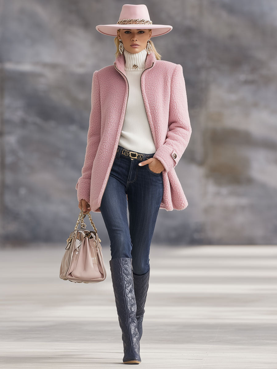 Lässige Vintage-Jacke aus rosa Polarfleece mit Reißverschluss Pink – Coat | FormaLuxe