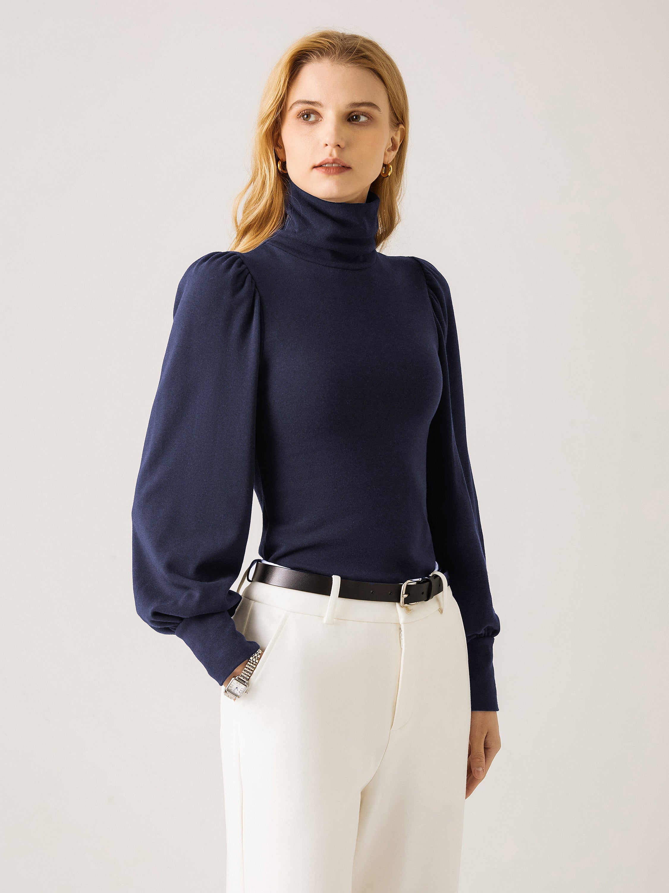Haut à manches bouffantes à col roulé Eco-Mousse®2.0 Midnight Navy – Femmes > Hauts > Chemises&Hauts | FormaLuxe