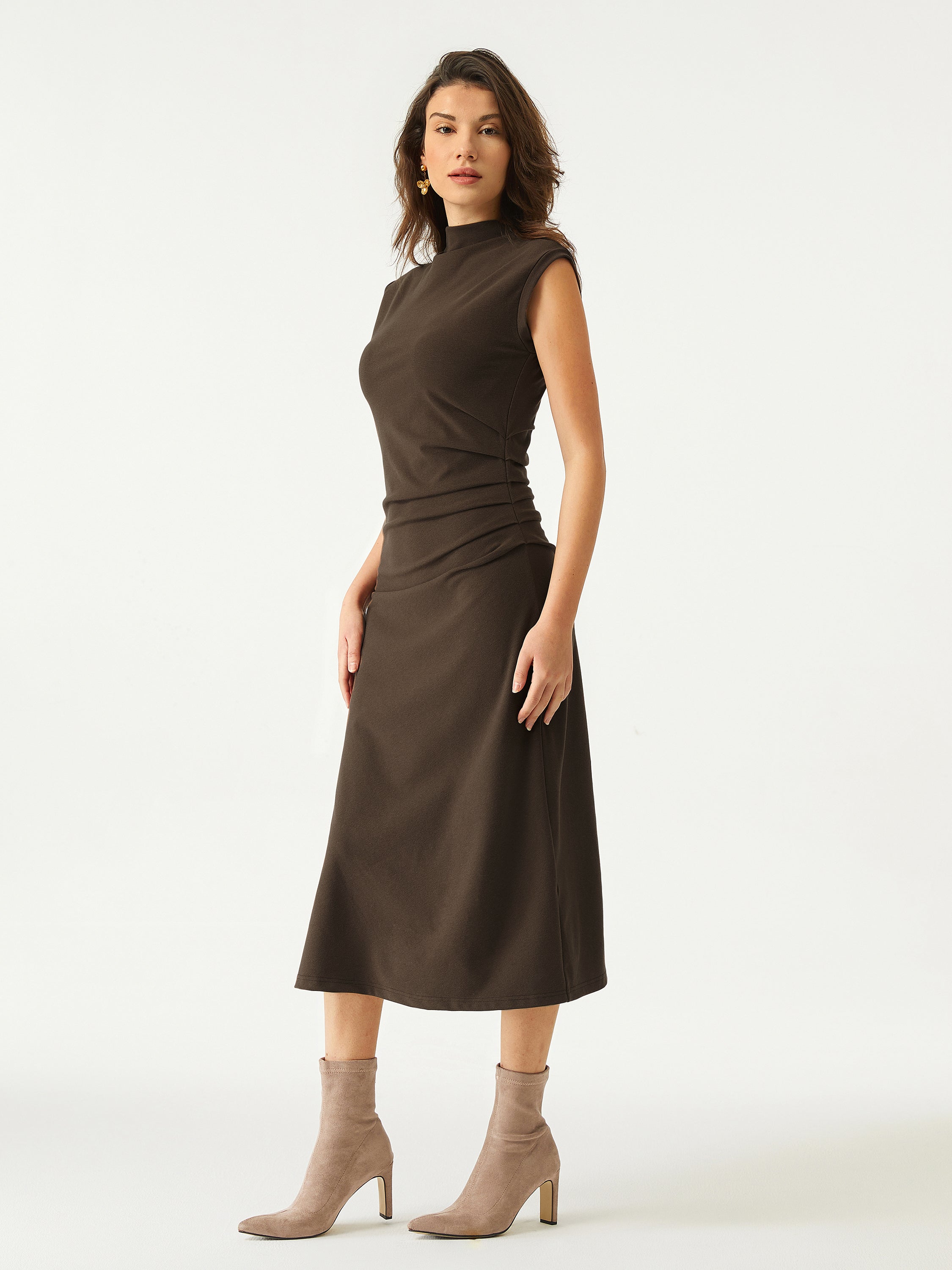 Mockneck Tucks Midi Dress Hazelnut Coco – Women > Dresses > Midi Dresses | FormaLuxe