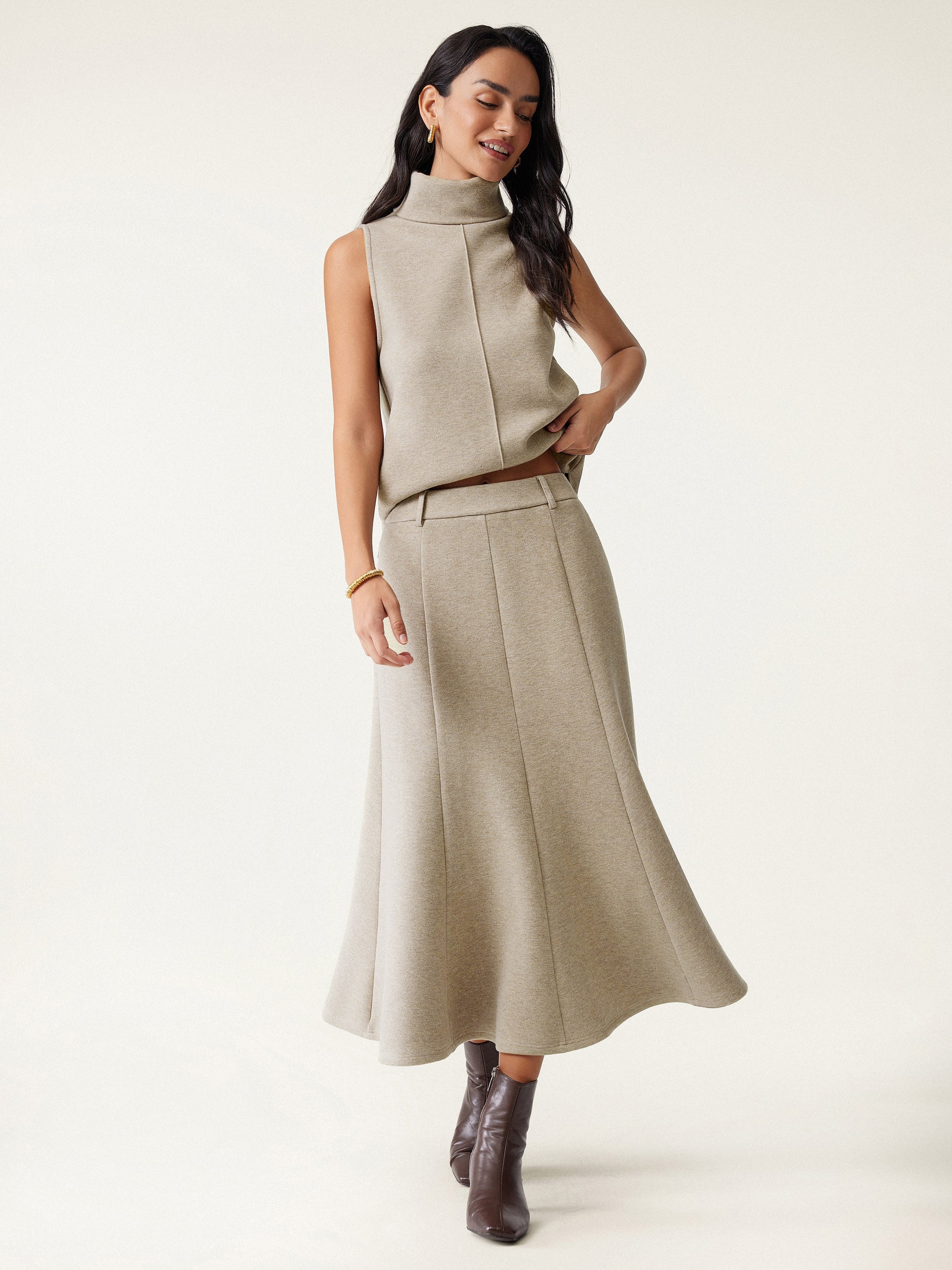High Waisted Umbrella Hem Midi Skirt Heather Morganite – Women > Bottoms > Skirts | FormaLuxe