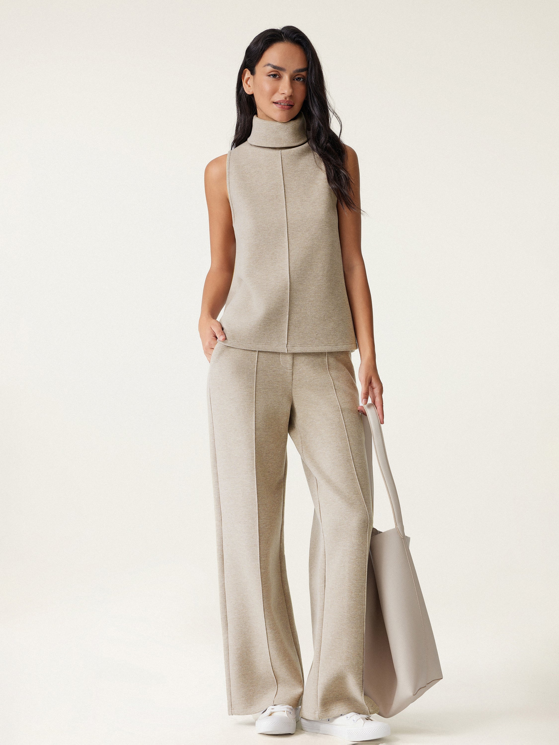 2-Piece Set Split Hem Top & High-Waisted Straight Leg Pants