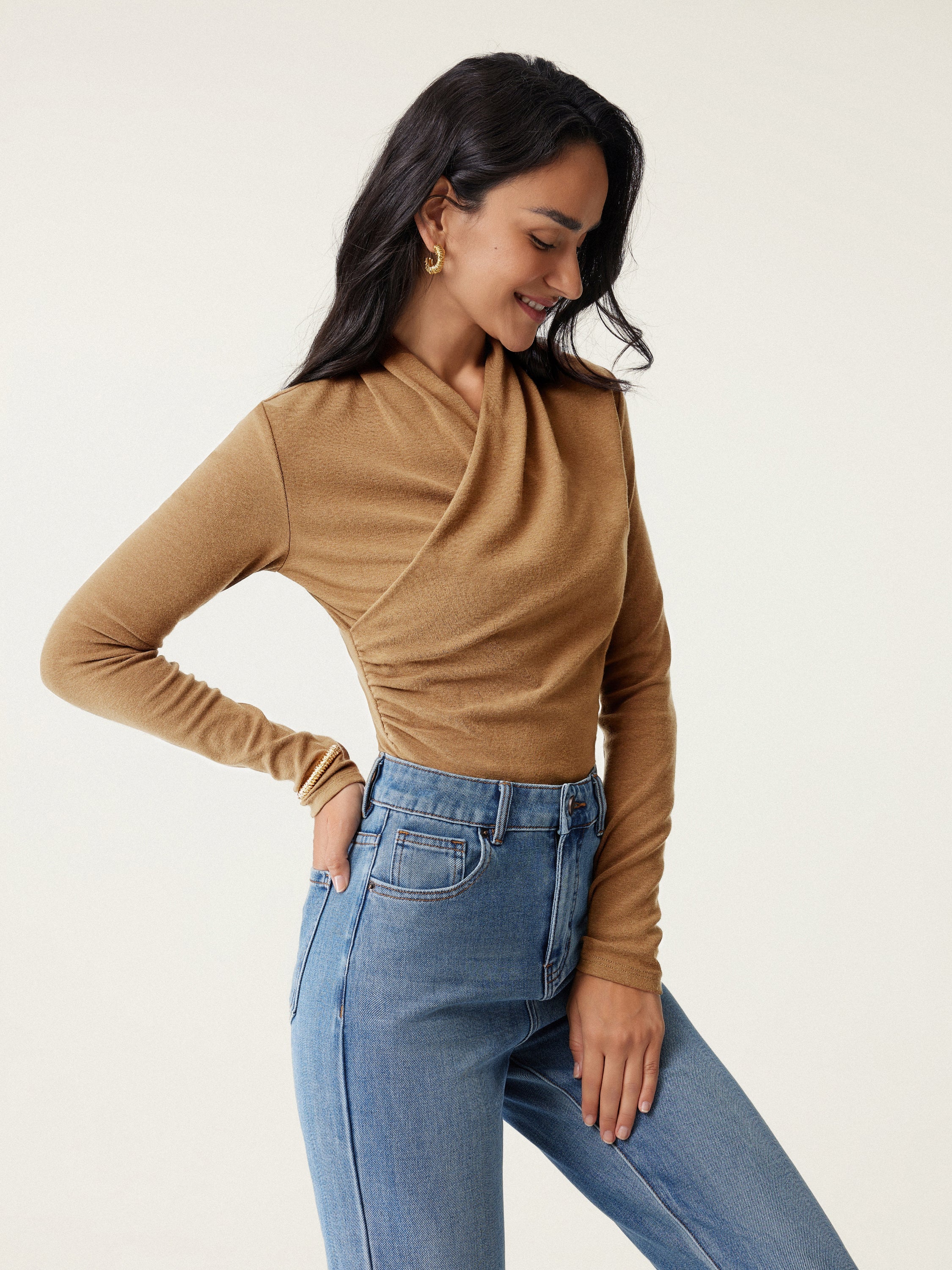 Surplice Long Sleeve Top Cinnamon Buff – Women > Tops > Shirts&Tops | FormaLuxe