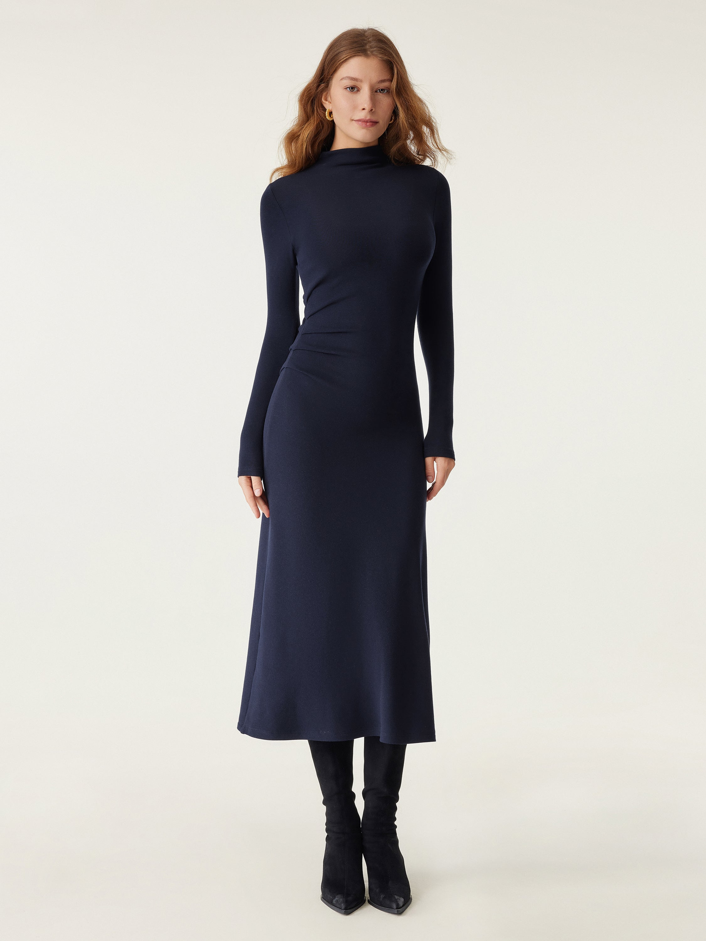ProWarm Long Sleeves Mockneck Tucks Midi Dress Midnight Navy – Women > Dresses > Midi Dresses | FormaLuxe